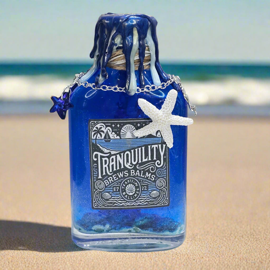 Tranquility Brews Balms Glass Potion Bottle Prop - Decorative Gift with Color Changing Liquid & Starfish Accents 5 Inches Tall