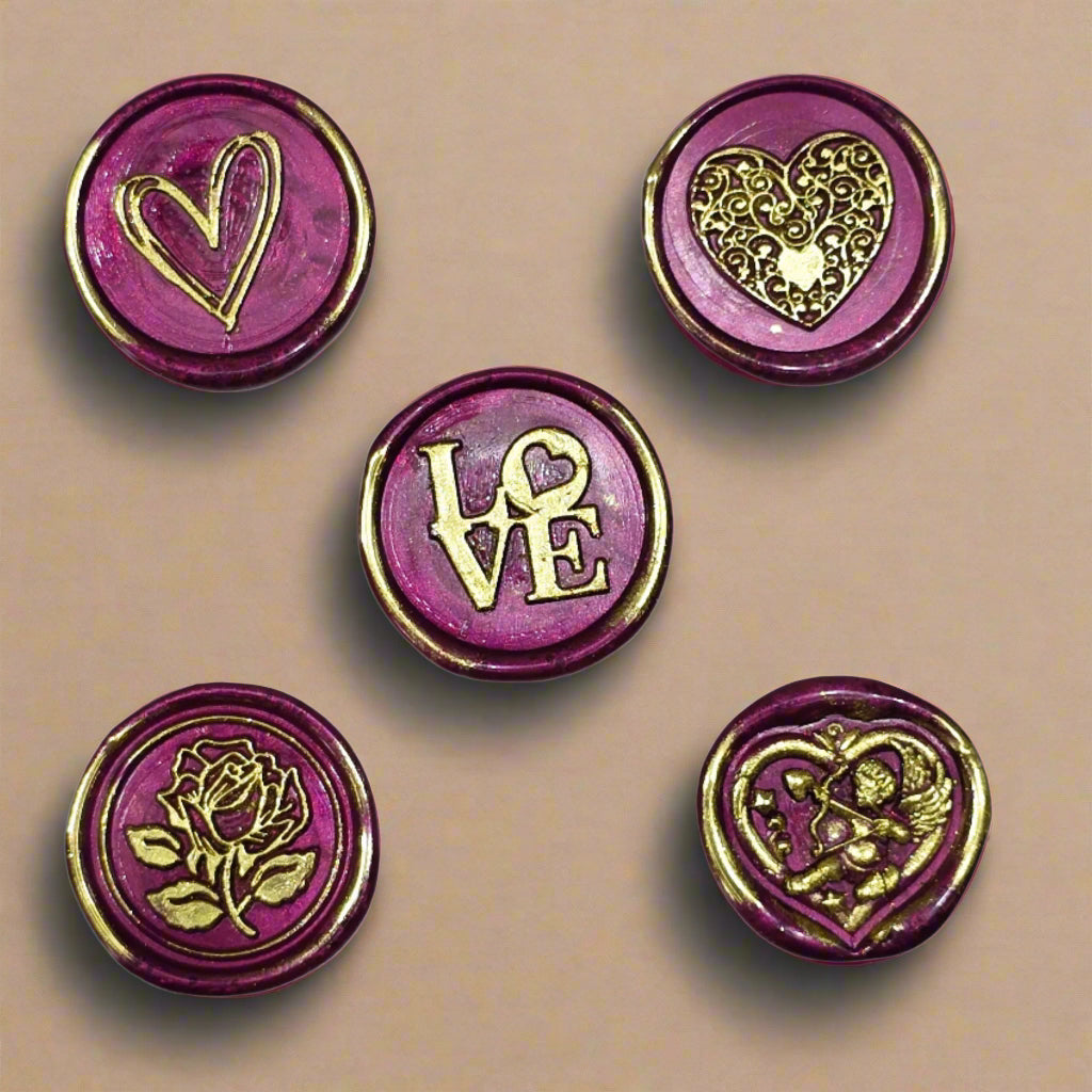 Romantic Wax Seals Mulberry Red Gold Assorted Styles Set of Five - Handmade Adhesive Seals for Cards, Gifts & More with Hearts, Rose & Love Design