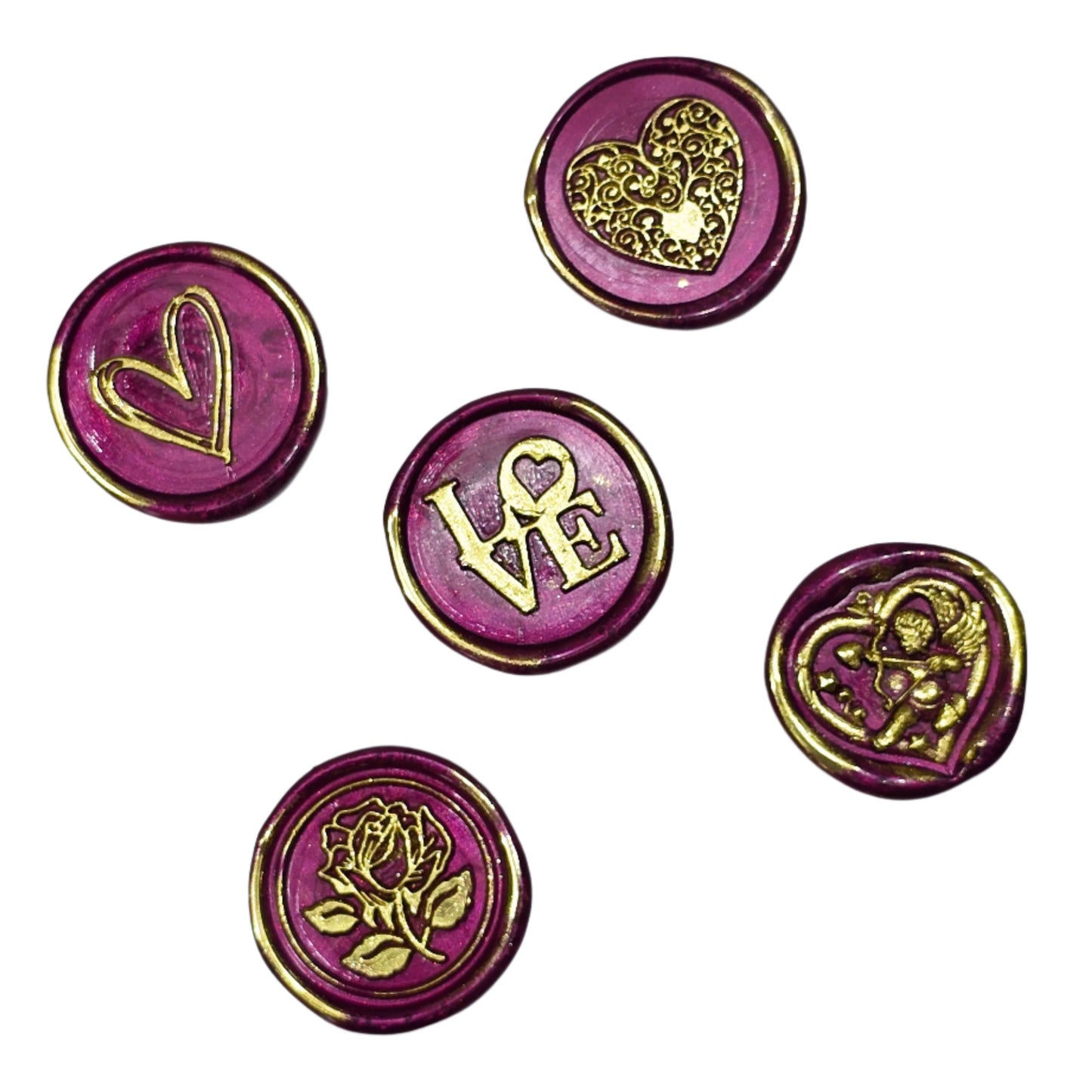 Romantic Wax Seals Mulberry Red Gold Assorted Styles Set of Five - Handmade Adhesive Seals for Cards, Gifts & More with Hearts, Rose & Love Design