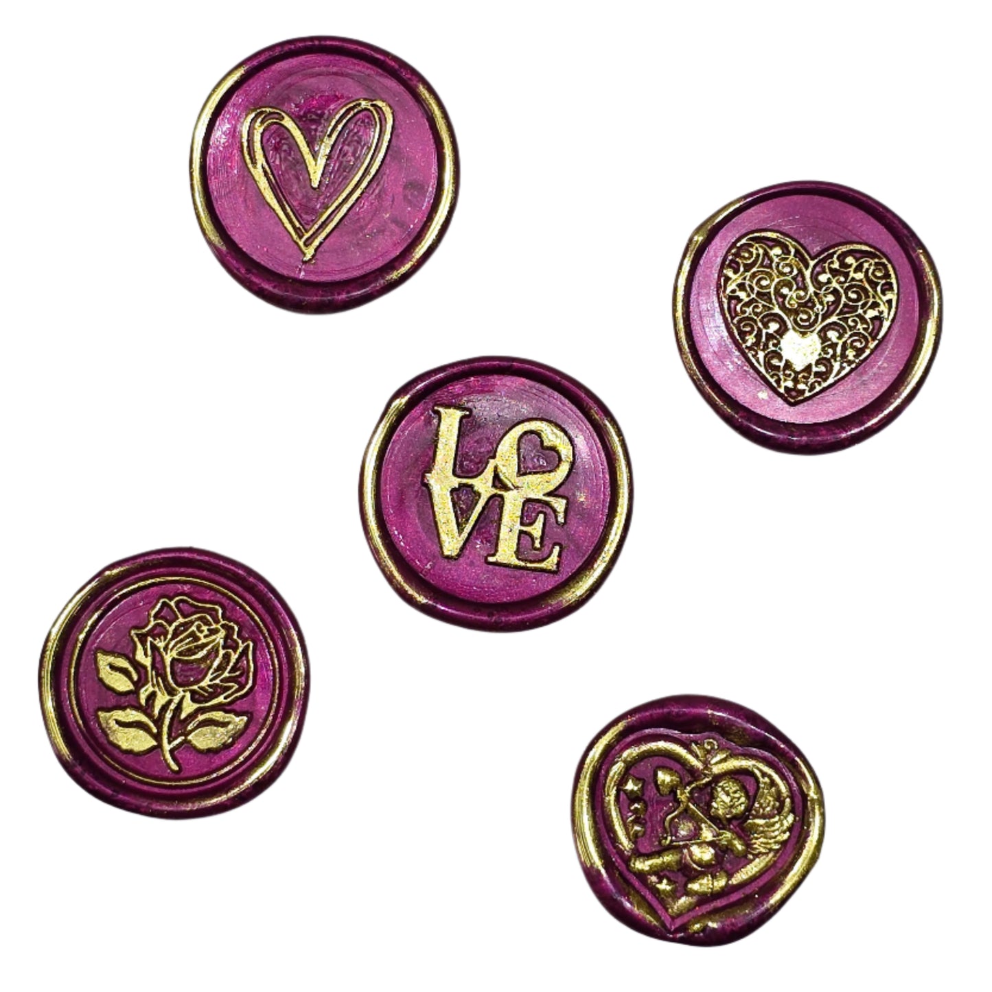 Romantic Wax Seals Mulberry Red Gold Assorted Styles Set of Five - Handmade Adhesive Seals for Cards, Gifts & More with Hearts, Rose & Love Design