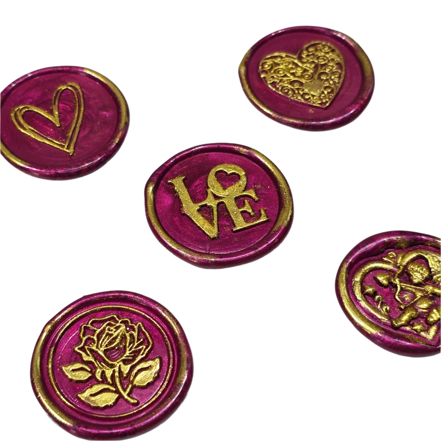 Romantic Wax Seals Mulberry Red Gold Assorted Styles Set of Five - Handmade Adhesive Seals for Cards, Gifts & More with Hearts, Rose & Love Design