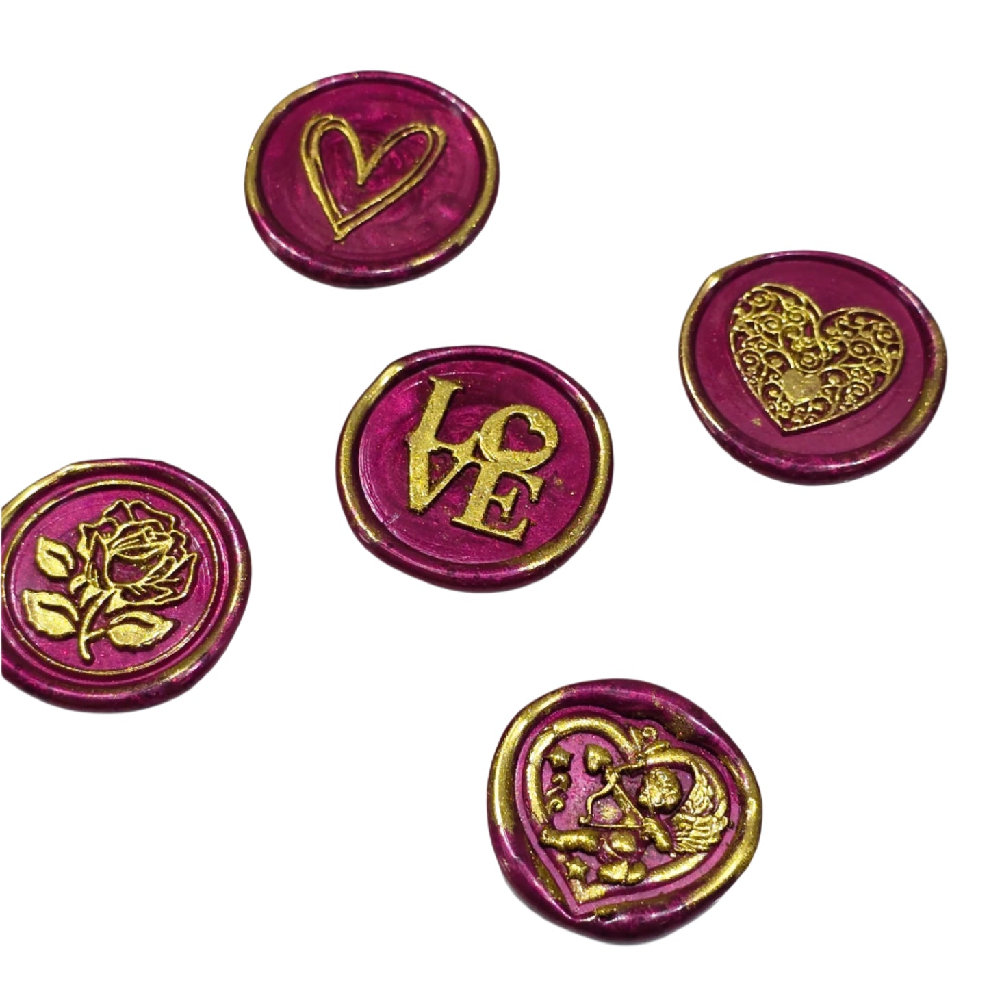 Romantic Wax Seals Mulberry Red Gold Assorted Styles Set of Five - Handmade Adhesive Seals for Cards, Gifts & More with Hearts, Rose & Love Design
