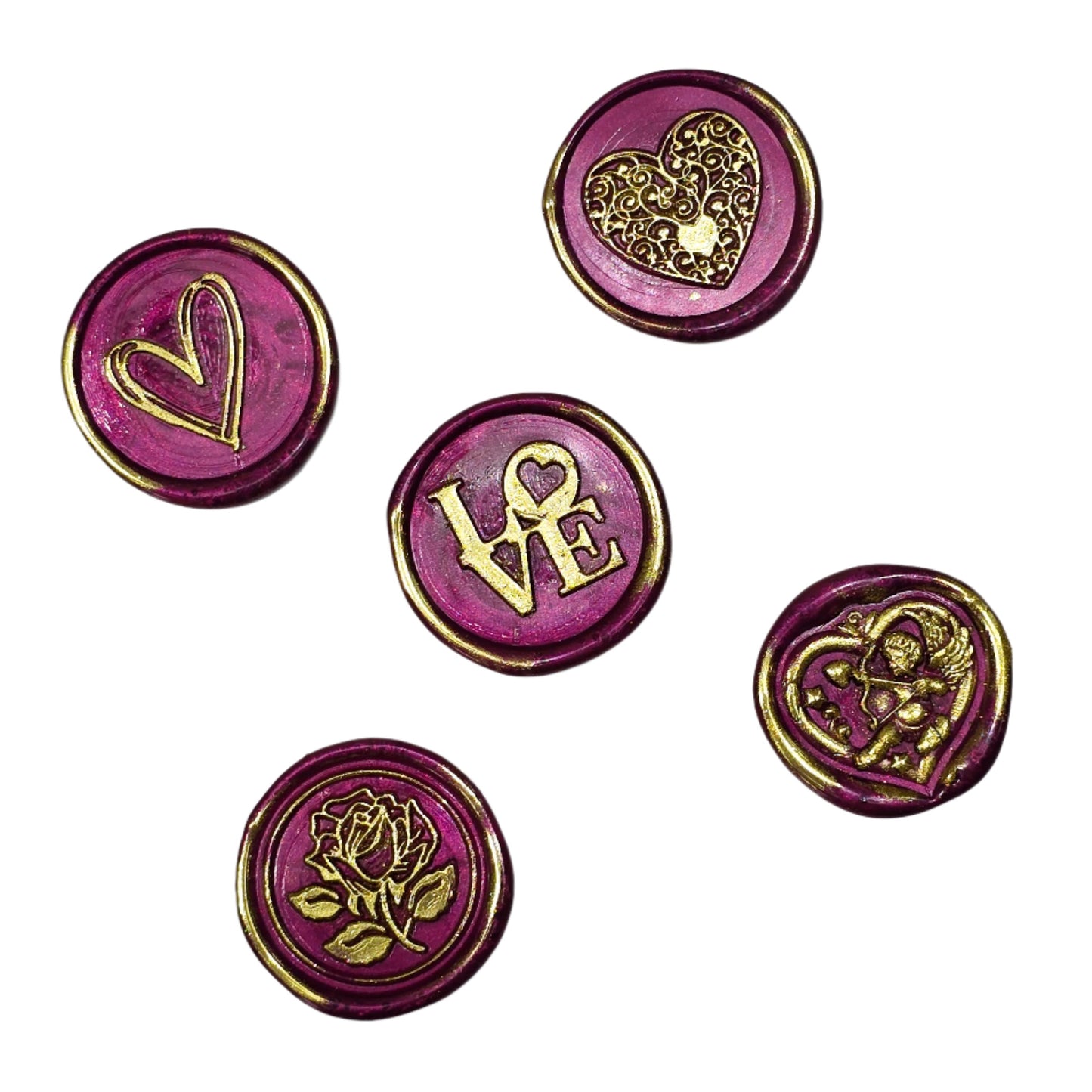 Romantic Wax Seals Mulberry Red Gold Assorted Styles Set of Five - Handmade Adhesive Seals for Cards, Gifts & More with Hearts, Rose & Love Design