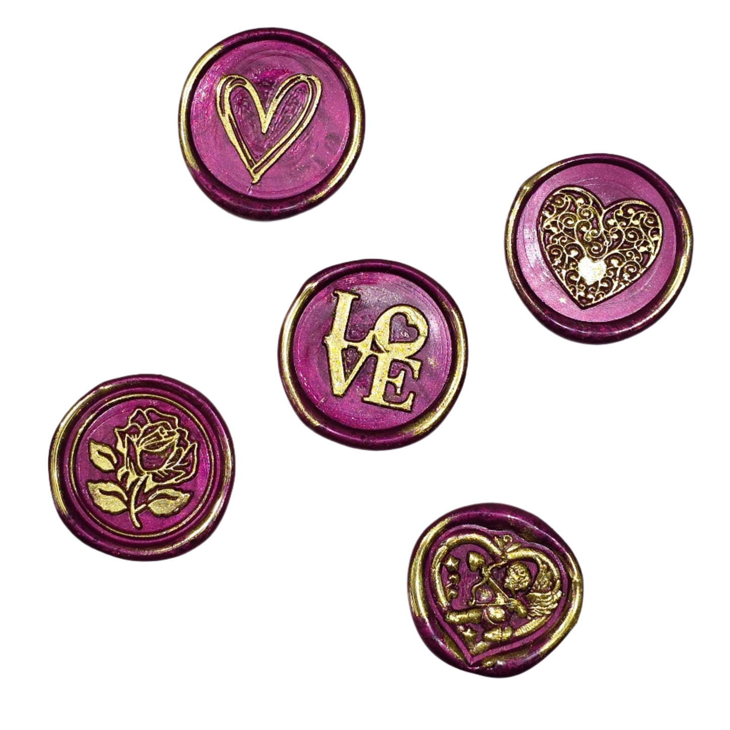 Romantic Wax Seals Mulberry Red Gold Assorted Styles Set of Five - Handmade Adhesive Seals for Cards, Gifts & More with Hearts, Rose & Love Design