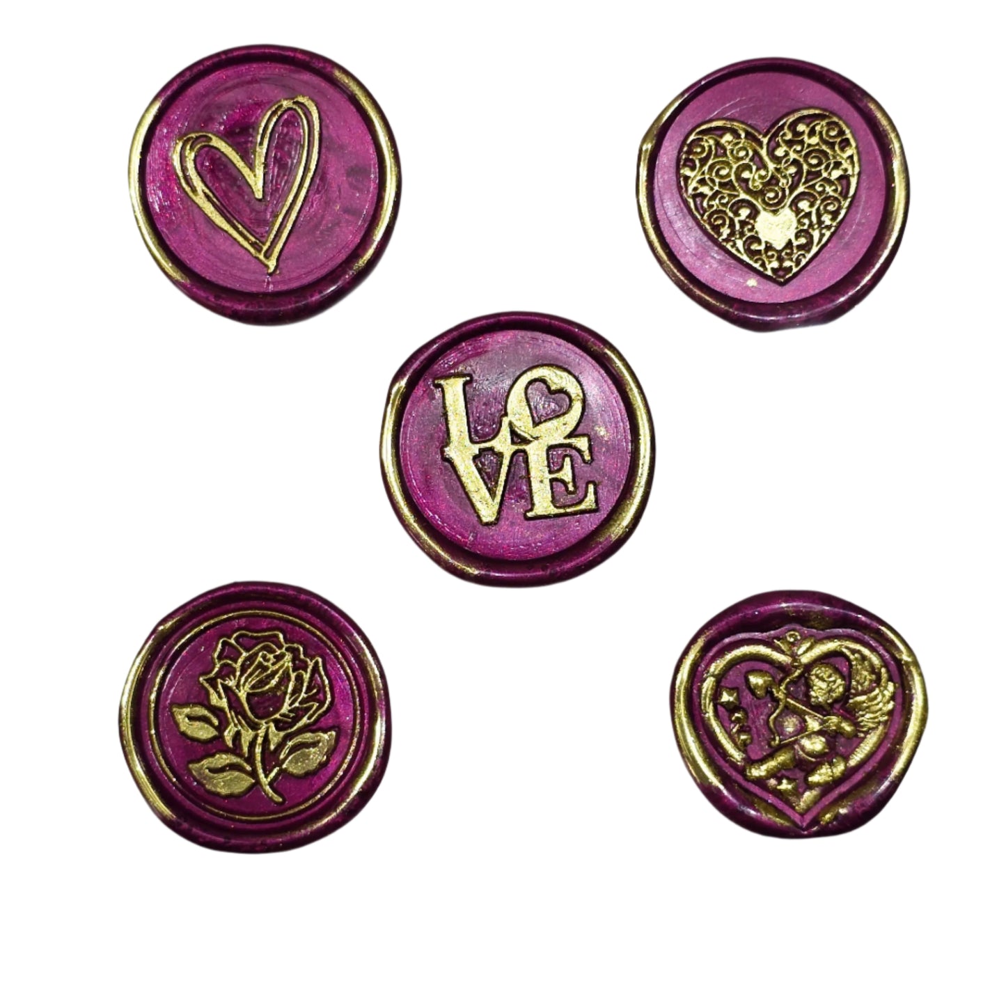 Romantic Wax Seals Mulberry Red Gold Assorted Styles Set of Five - Handmade Adhesive Seals for Cards, Gifts & More with Hearts, Rose & Love Design