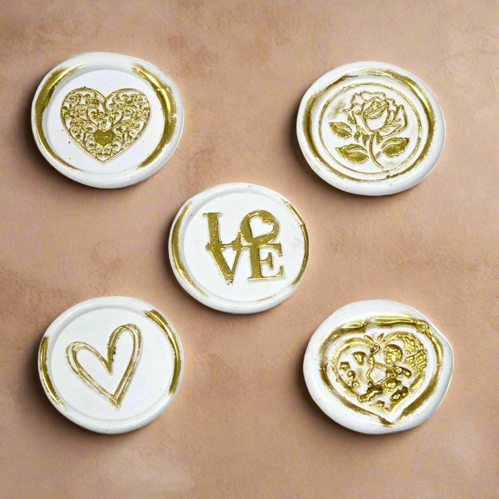 Romantic Wax Seals White & Gold Assorted Styles Set of Five - Handmade Adhesive Seals for Cards, Gifts & More with Hearts, Rose & Love Design