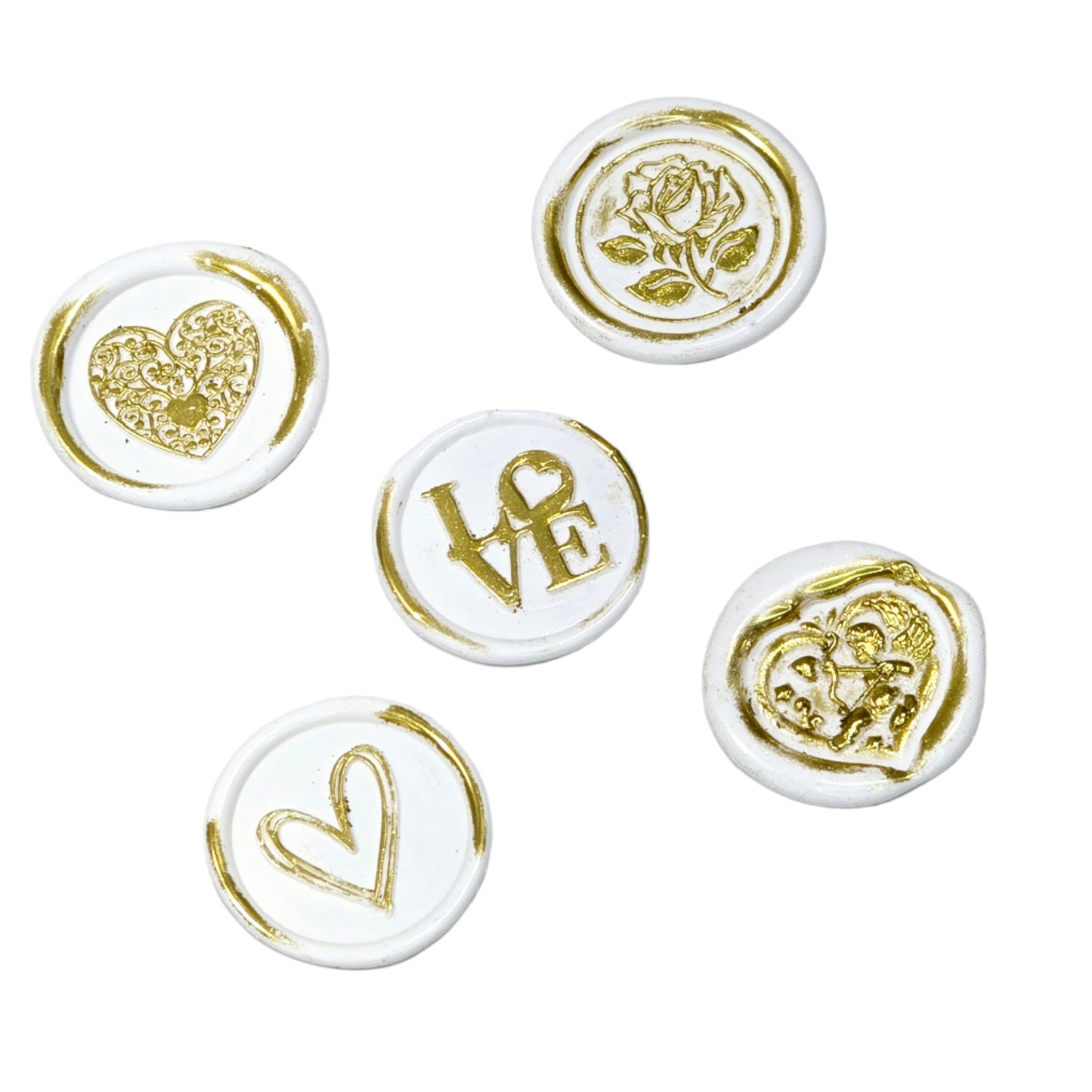 Romantic Wax Seals White & Gold Assorted Styles Set of Five - Handmade Adhesive Seals for Cards, Gifts & More with Hearts, Rose & Love Design