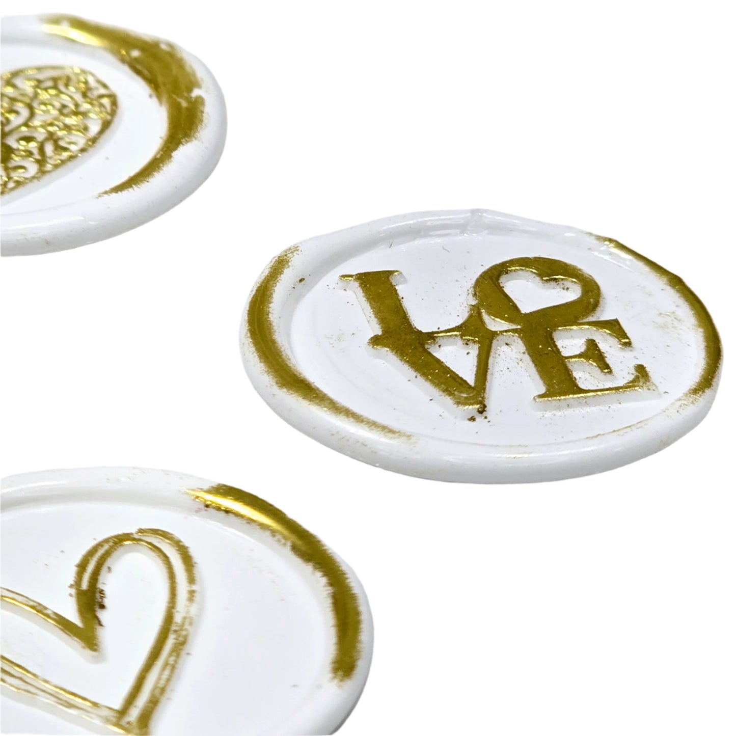 Romantic Wax Seals White & Gold Assorted Styles Set of Five - Handmade Adhesive Seals for Cards, Gifts & More with Hearts, Rose & Love Design