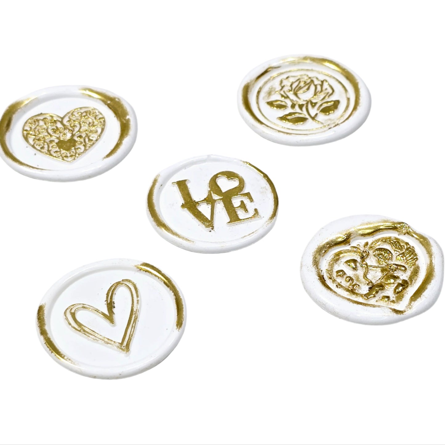 Romantic Wax Seals White & Gold Assorted Styles Set of Five - Handmade Adhesive Seals for Cards, Gifts & More with Hearts, Rose & Love Design