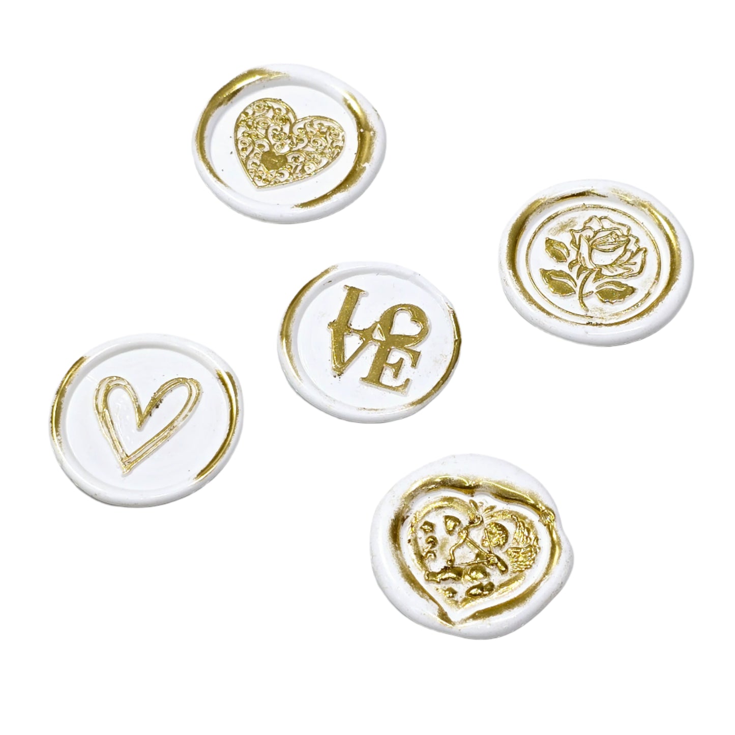 Romantic Wax Seals White & Gold Assorted Styles Set of Five - Handmade Adhesive Seals for Cards, Gifts & More with Hearts, Rose & Love Design