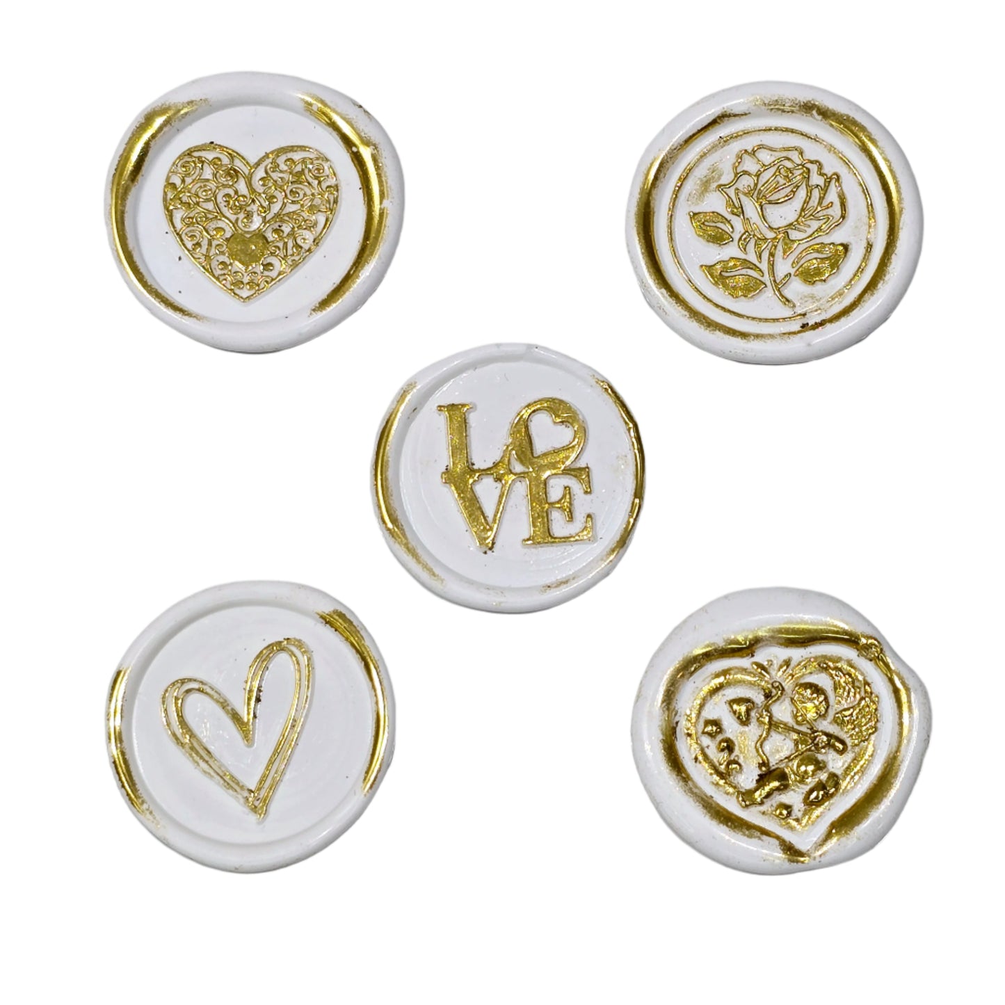 Romantic Wax Seals White & Gold Assorted Styles Set of Five - Handmade Adhesive Seals for Cards, Gifts & More with Hearts, Rose & Love Design