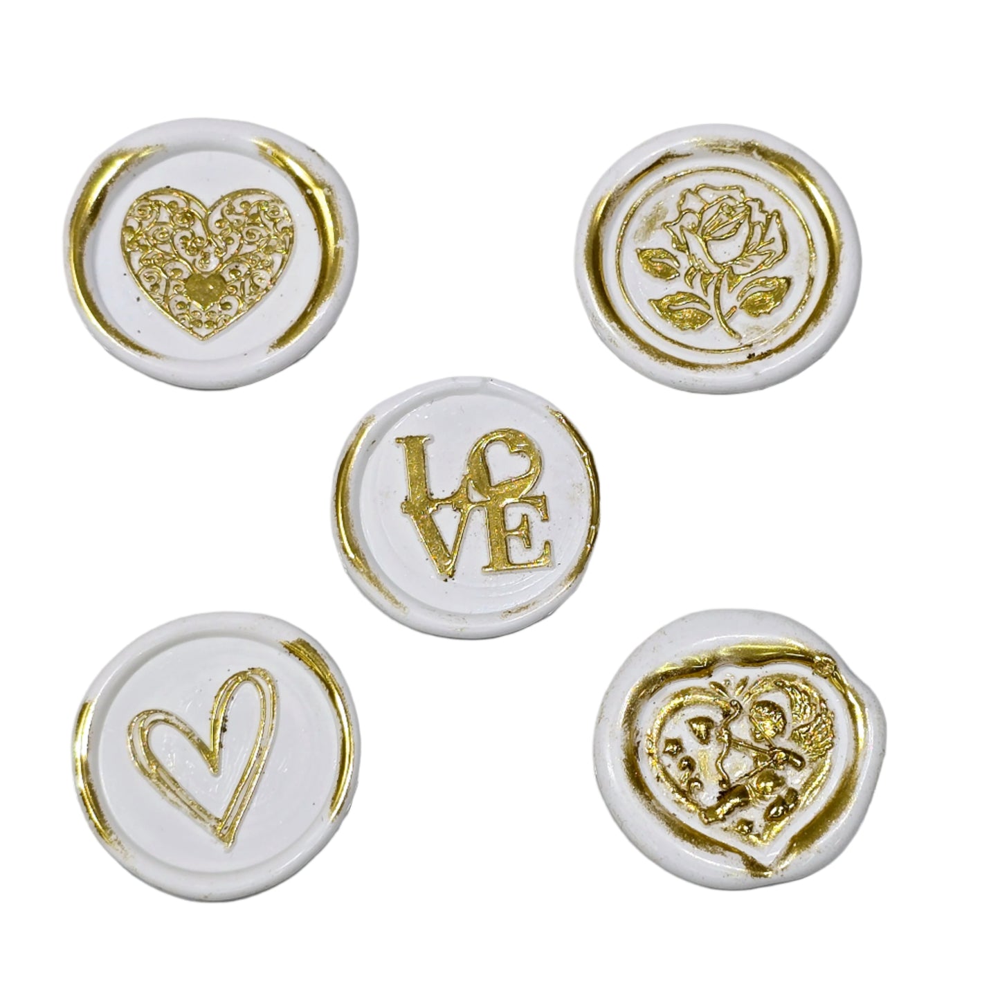 Romantic Wax Seals White & Gold Assorted Styles Set of Five - Handmade Adhesive Seals for Cards, Gifts & More with Hearts, Rose & Love Design