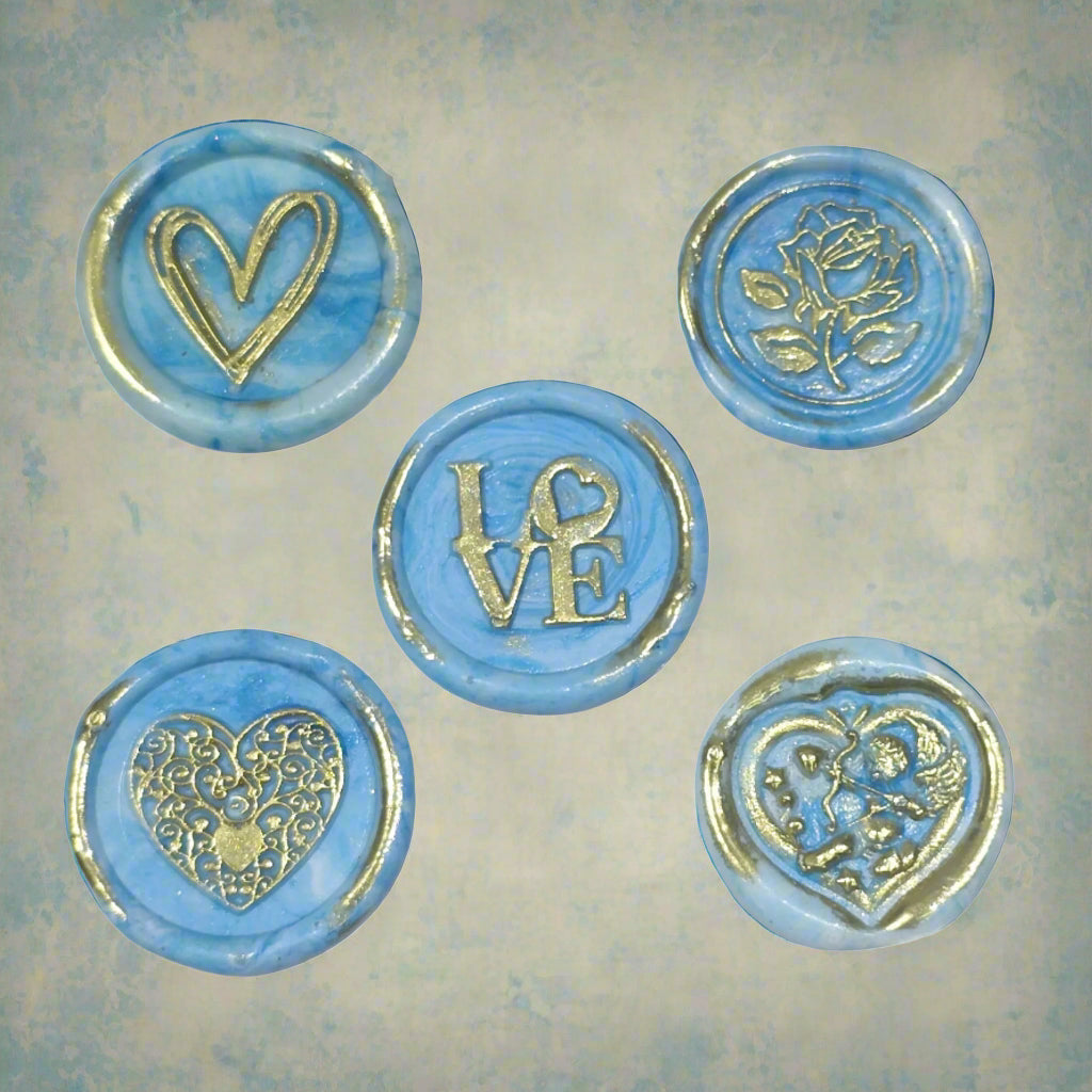 Romantic Wax Seals Light Blue & Gold Assorted Styles Set of Five - Handmade Adhesive Seals for Cards, Gifts & More with Hearts, Rose & Love Design