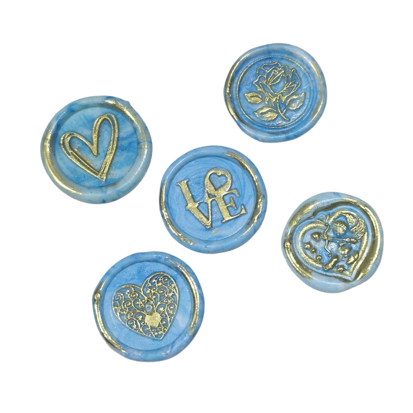Romantic Wax Seals Light Blue & Gold Assorted Styles Set of Five - Handmade Adhesive Seals for Cards, Gifts & More with Hearts, Rose & Love Design