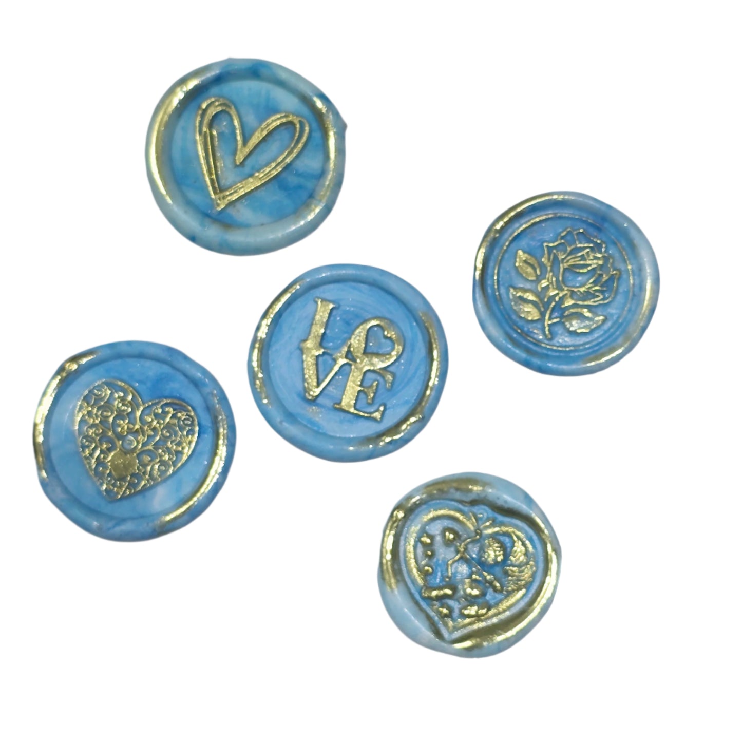 Romantic Wax Seals Light Blue & Gold Assorted Styles Set of Five - Handmade Adhesive Seals for Cards, Gifts & More with Hearts, Rose & Love Design