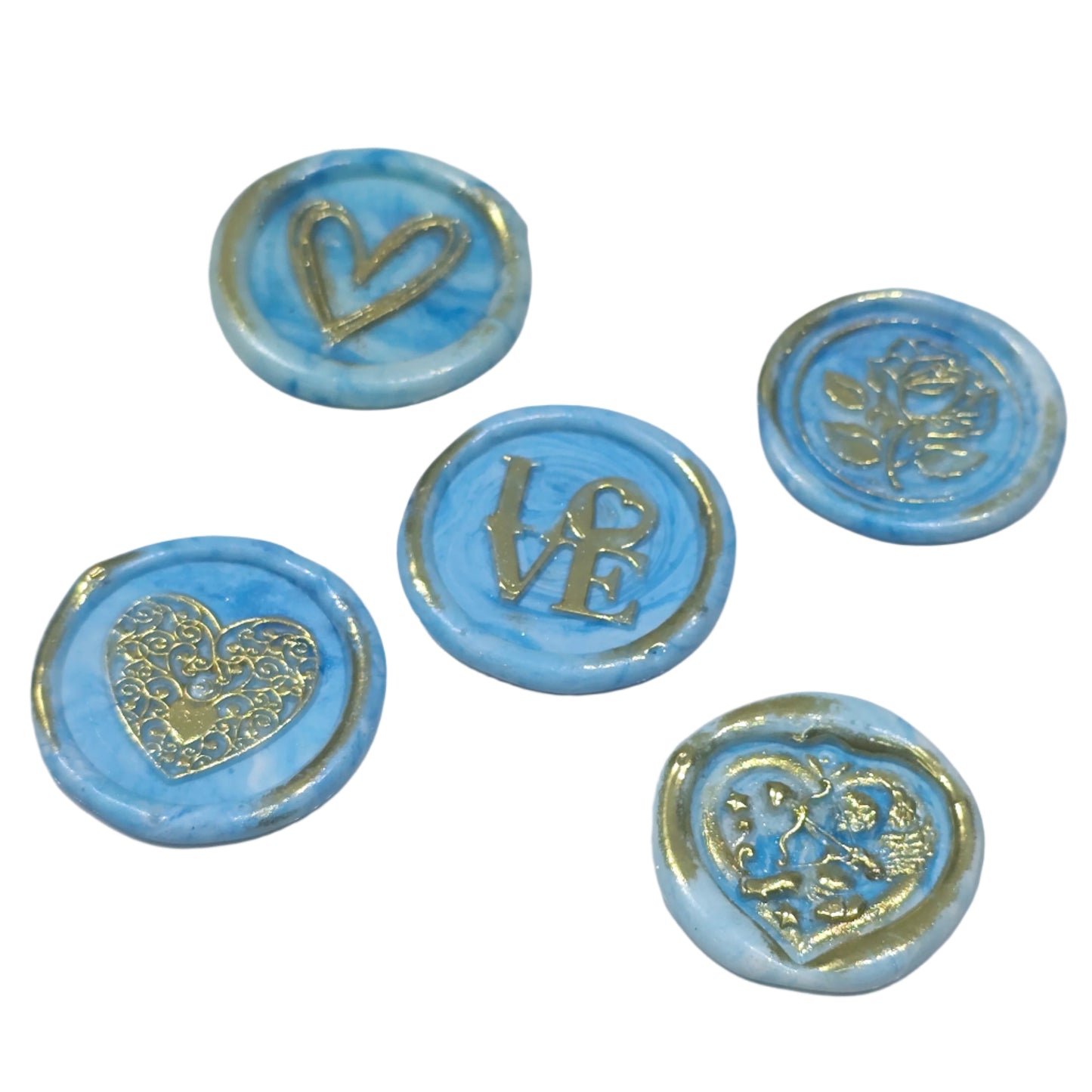 Romantic Wax Seals Light Blue & Gold Assorted Styles Set of Five - Handmade Adhesive Seals for Cards, Gifts & More with Hearts, Rose & Love Design