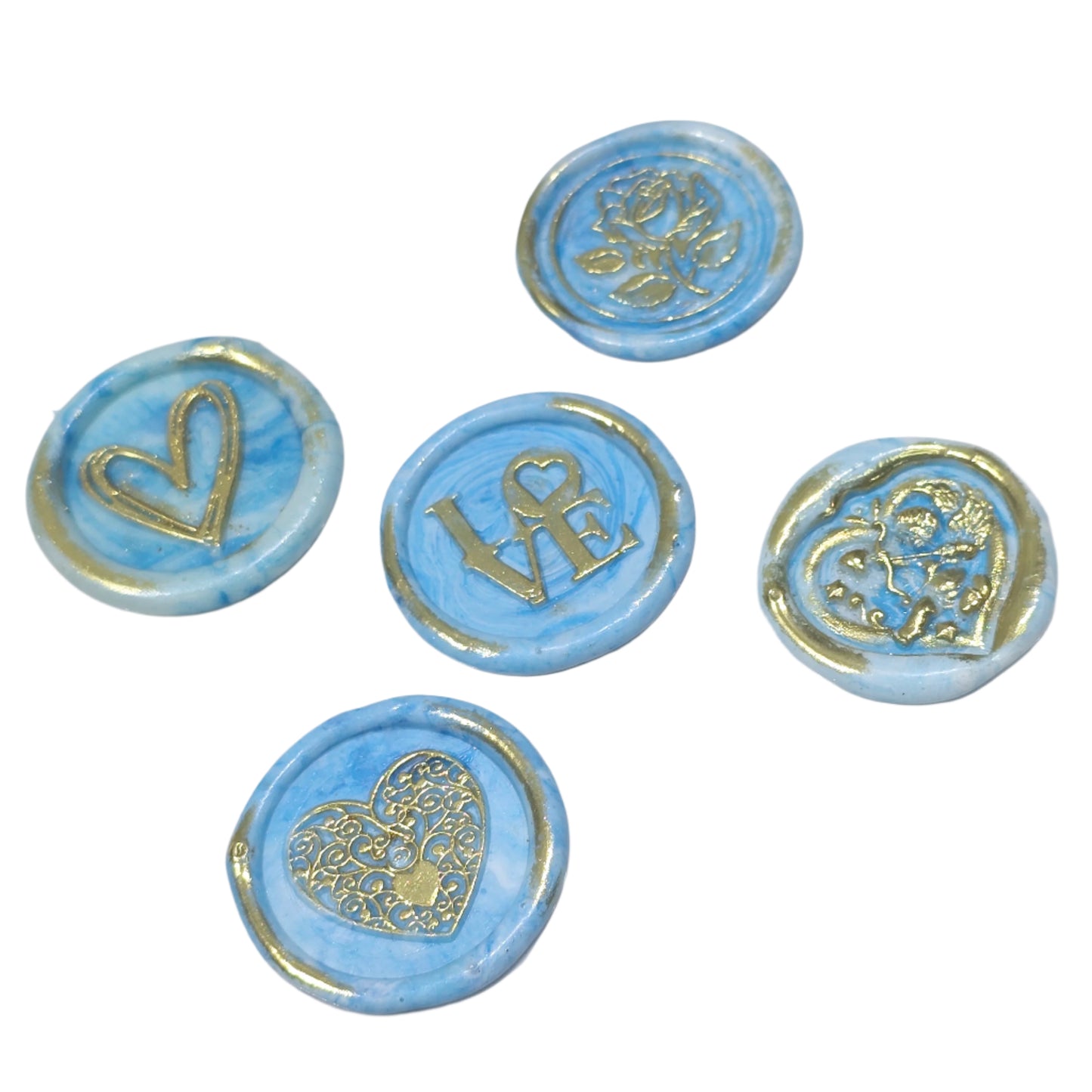 Romantic Wax Seals Light Blue & Gold Assorted Styles Set of Five - Handmade Adhesive Seals for Cards, Gifts & More with Hearts, Rose & Love Design