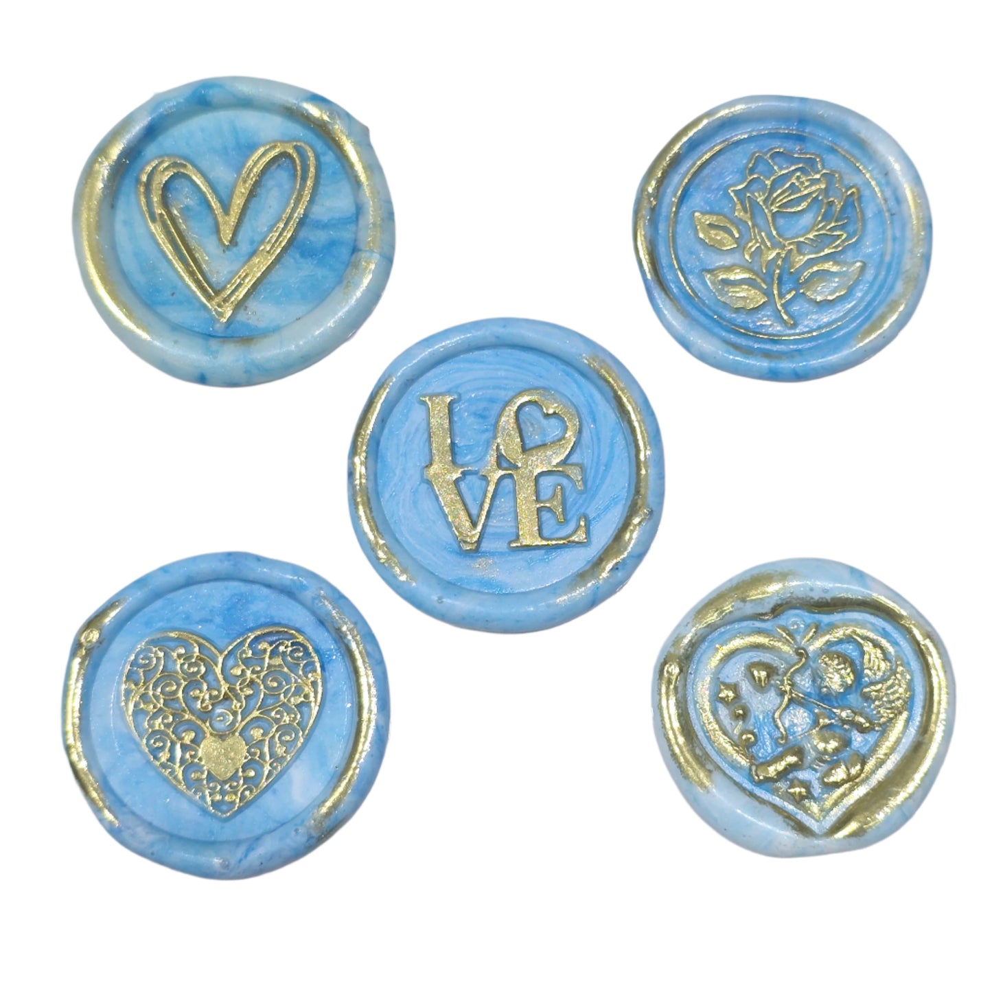 Romantic Wax Seals Light Blue & Gold Assorted Styles Set of Five - Handmade Adhesive Seals for Cards, Gifts & More with Hearts, Rose & Love Design