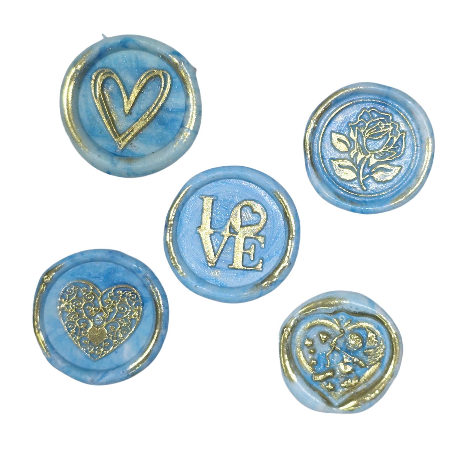 Romantic Wax Seals Light Blue & Gold Assorted Styles Set of Five - Handmade Adhesive Seals for Cards, Gifts & More with Hearts, Rose & Love Design