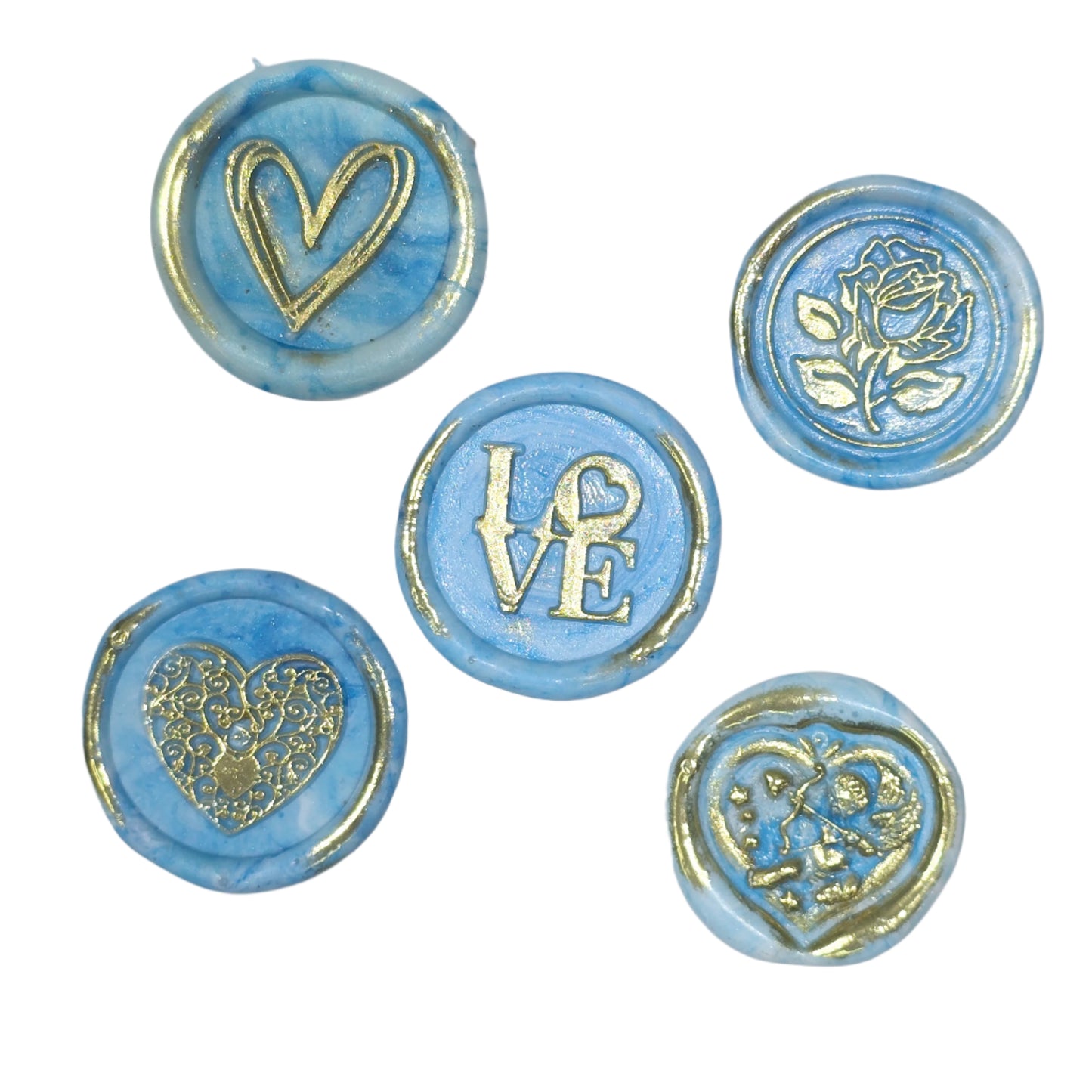 Romantic Wax Seals Light Blue & Gold Assorted Styles Set of Five - Handmade Adhesive Seals for Cards, Gifts & More with Hearts, Rose & Love Design