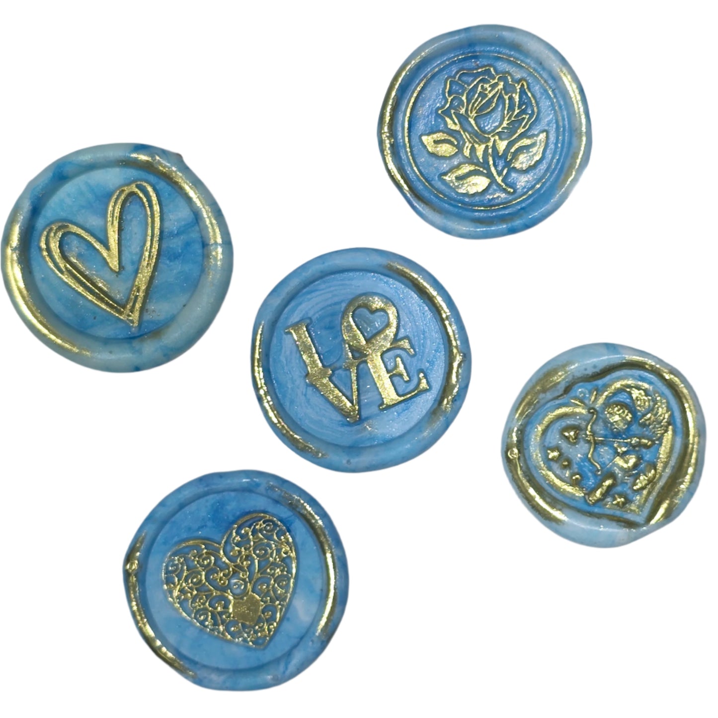 Romantic Wax Seals Light Blue & Gold Assorted Styles Set of Five - Handmade Adhesive Seals for Cards, Gifts & More with Hearts, Rose & Love Design