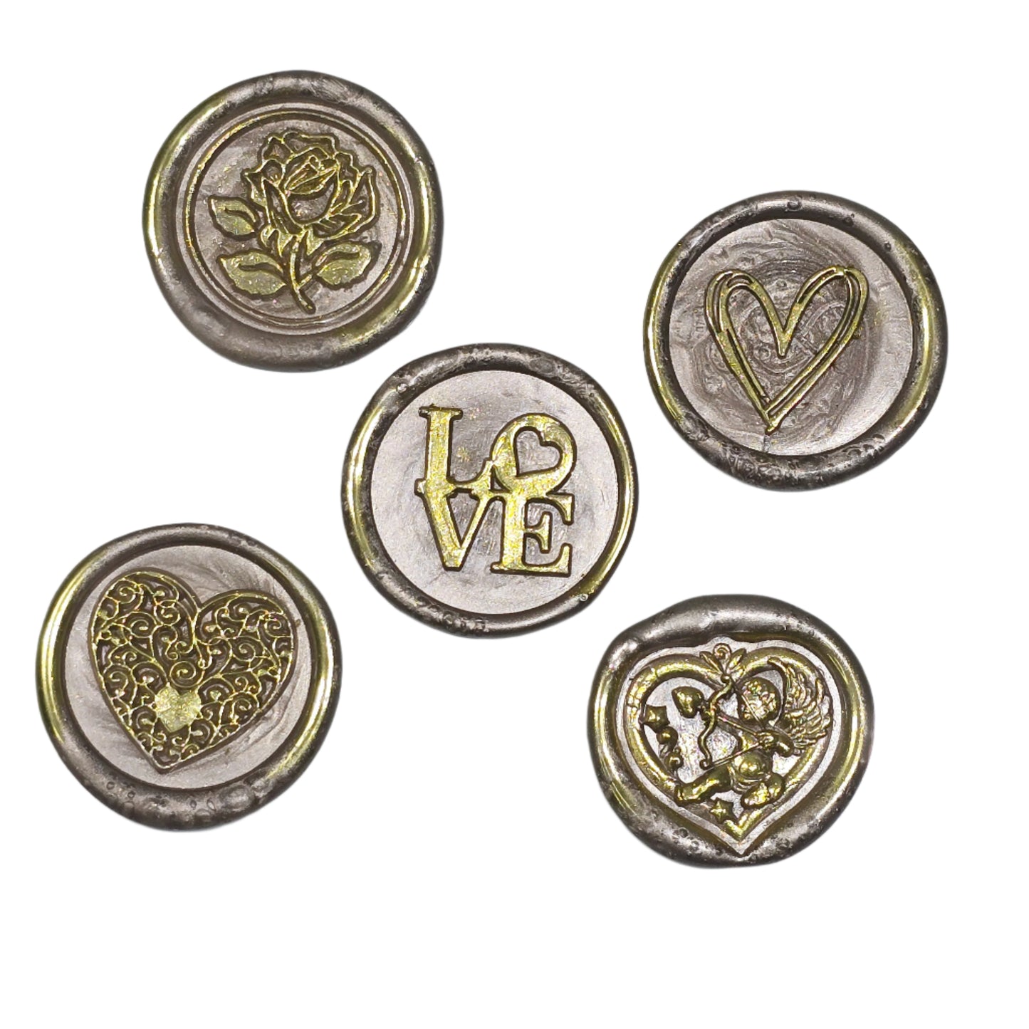 Wax Seals Champagne Beige & Gold Assorted Styles Set of Five - Handmade Adhesive Seals for Cards, Gifts & More with Hearts, Rose & Love Design
