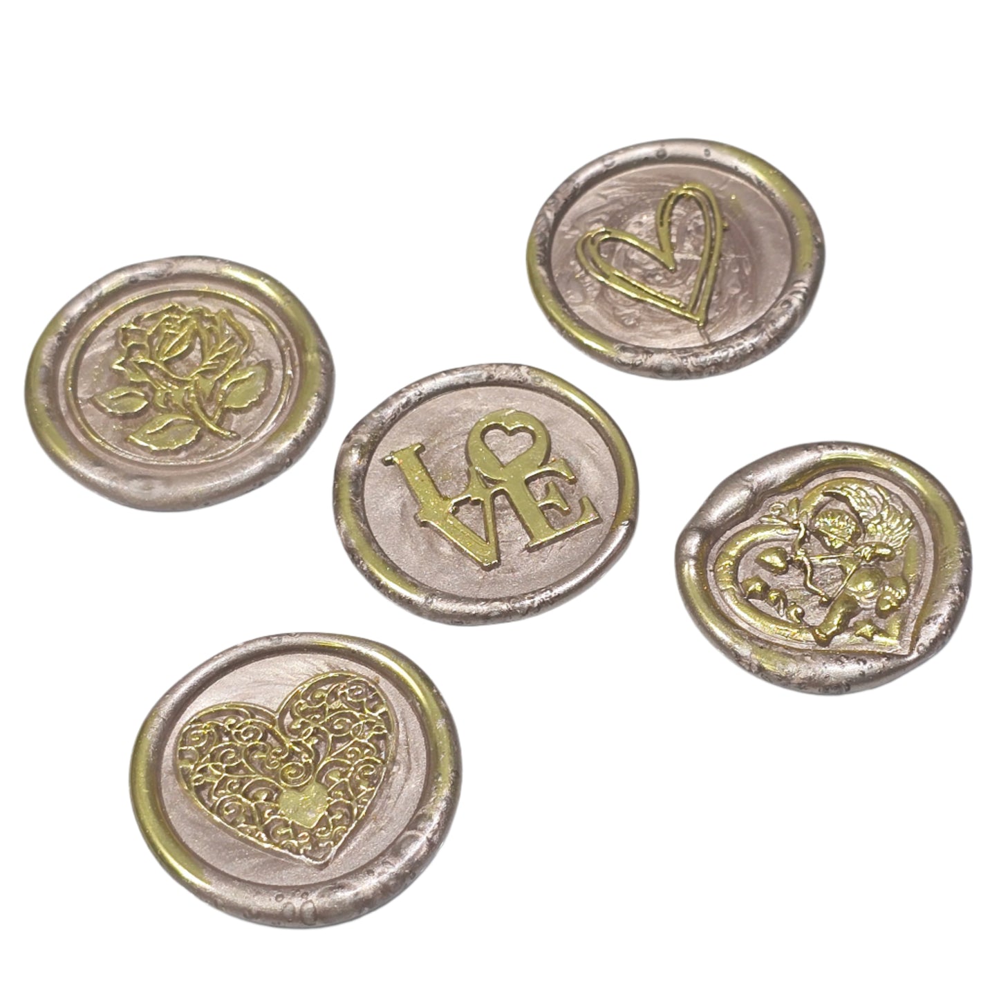 Wax Seals Champagne Beige & Gold Assorted Styles Set of Five - Handmade Adhesive Seals for Cards, Gifts & More with Hearts, Rose & Love Design