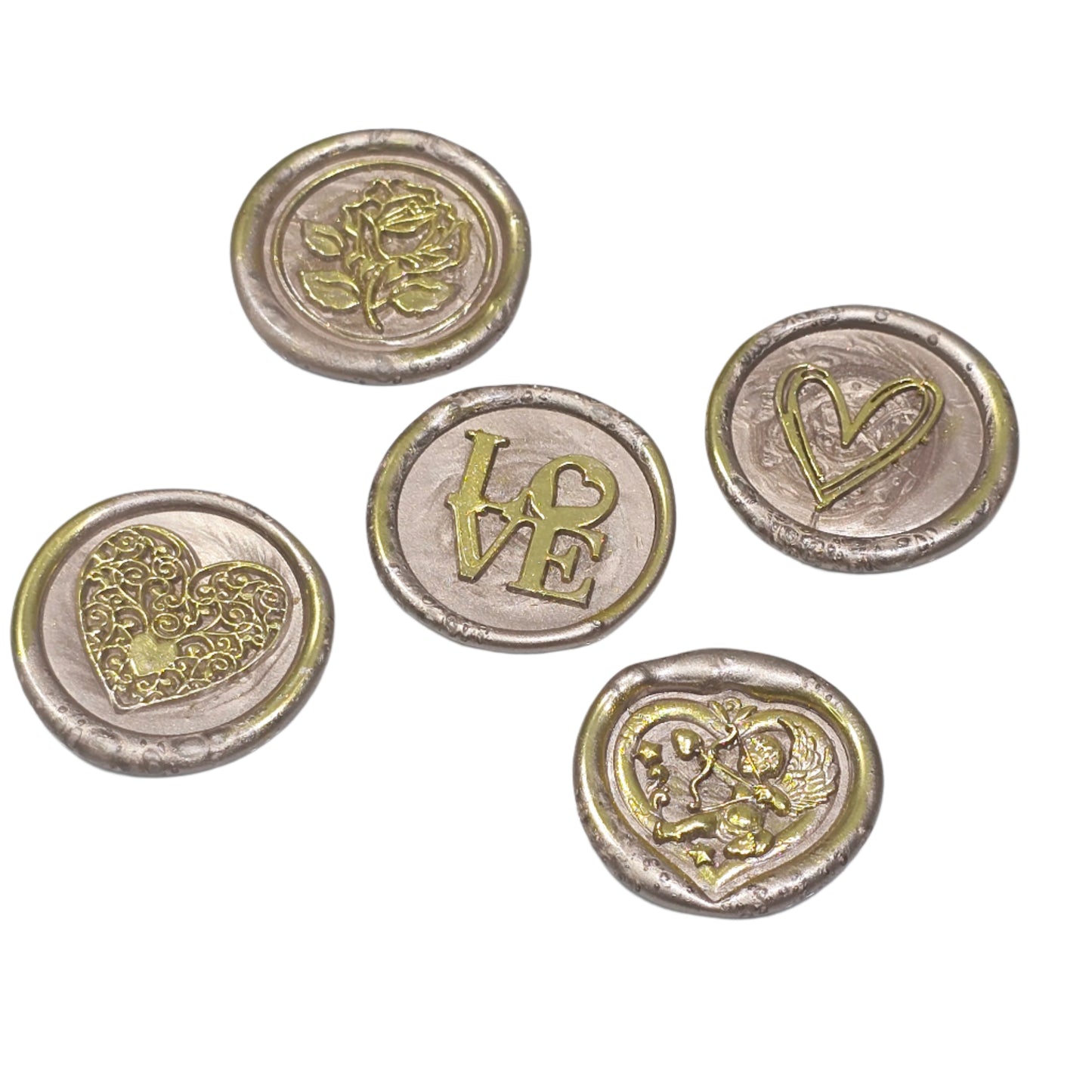Wax Seals Champagne Beige & Gold Assorted Styles Set of Five - Handmade Adhesive Seals for Cards, Gifts & More with Hearts, Rose & Love Design