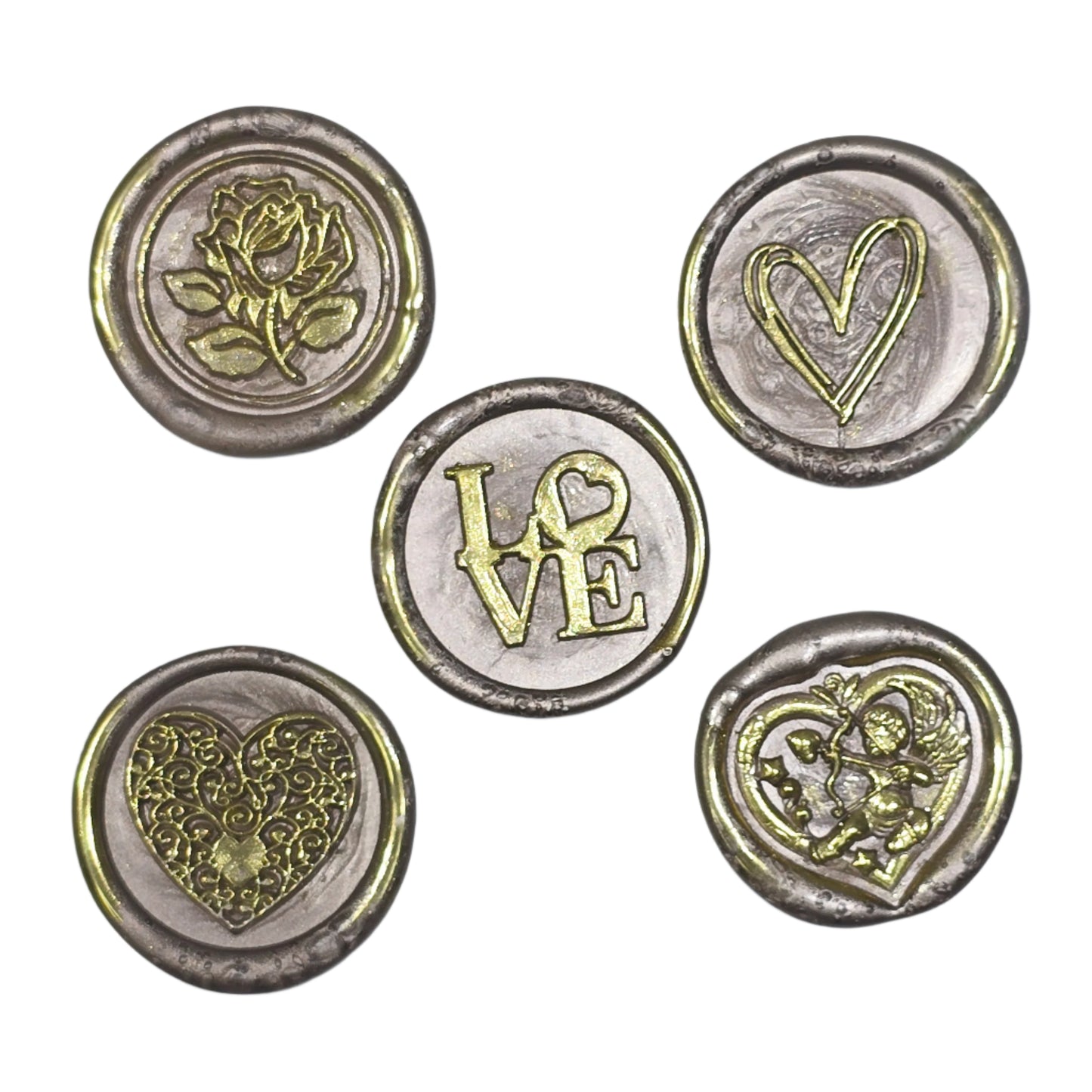 Wax Seals Champagne Beige & Gold Assorted Styles Set of Five - Handmade Adhesive Seals for Cards, Gifts & More with Hearts, Rose & Love Design