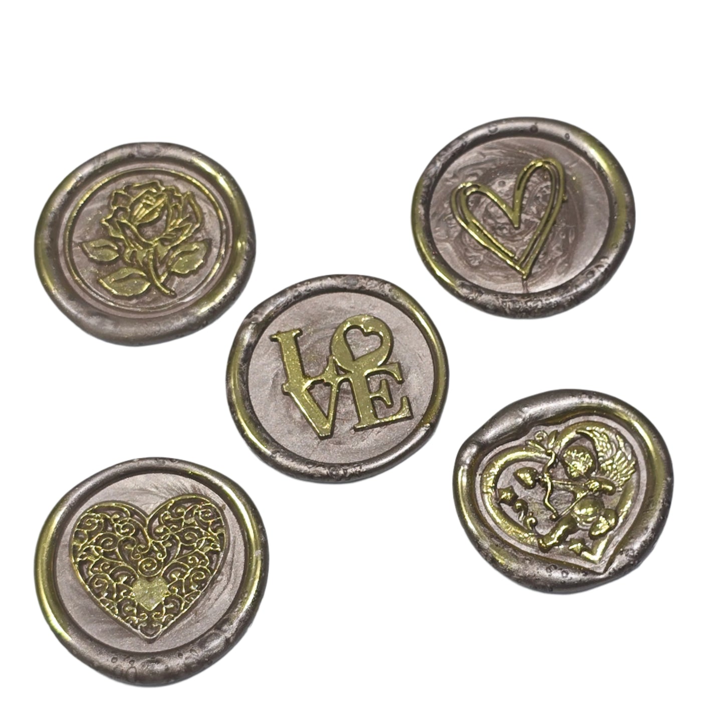 Wax Seals Champagne Beige & Gold Assorted Styles Set of Five - Handmade Adhesive Seals for Cards, Gifts & More with Hearts, Rose & Love Design