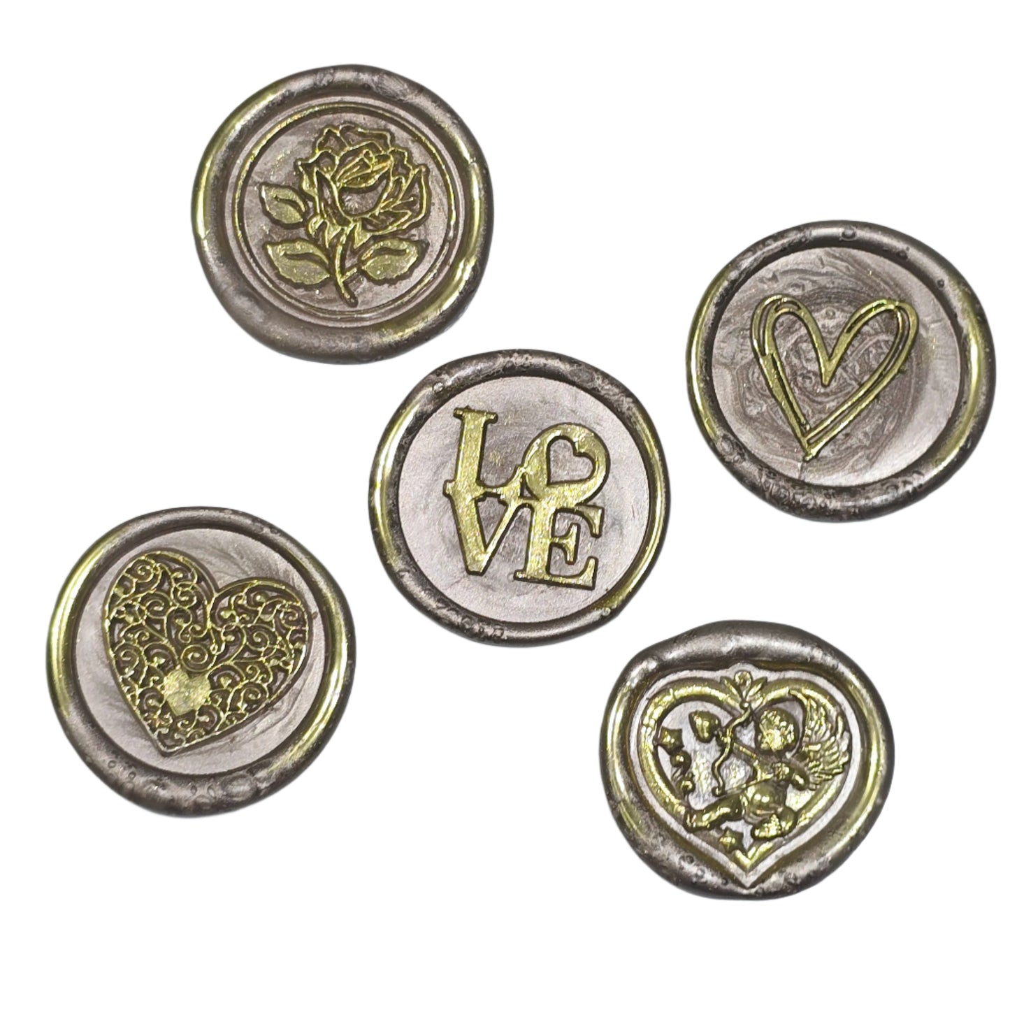 Wax Seals Champagne Beige & Gold Assorted Styles Set of Five - Handmade Adhesive Seals for Cards, Gifts & More with Hearts, Rose & Love Design