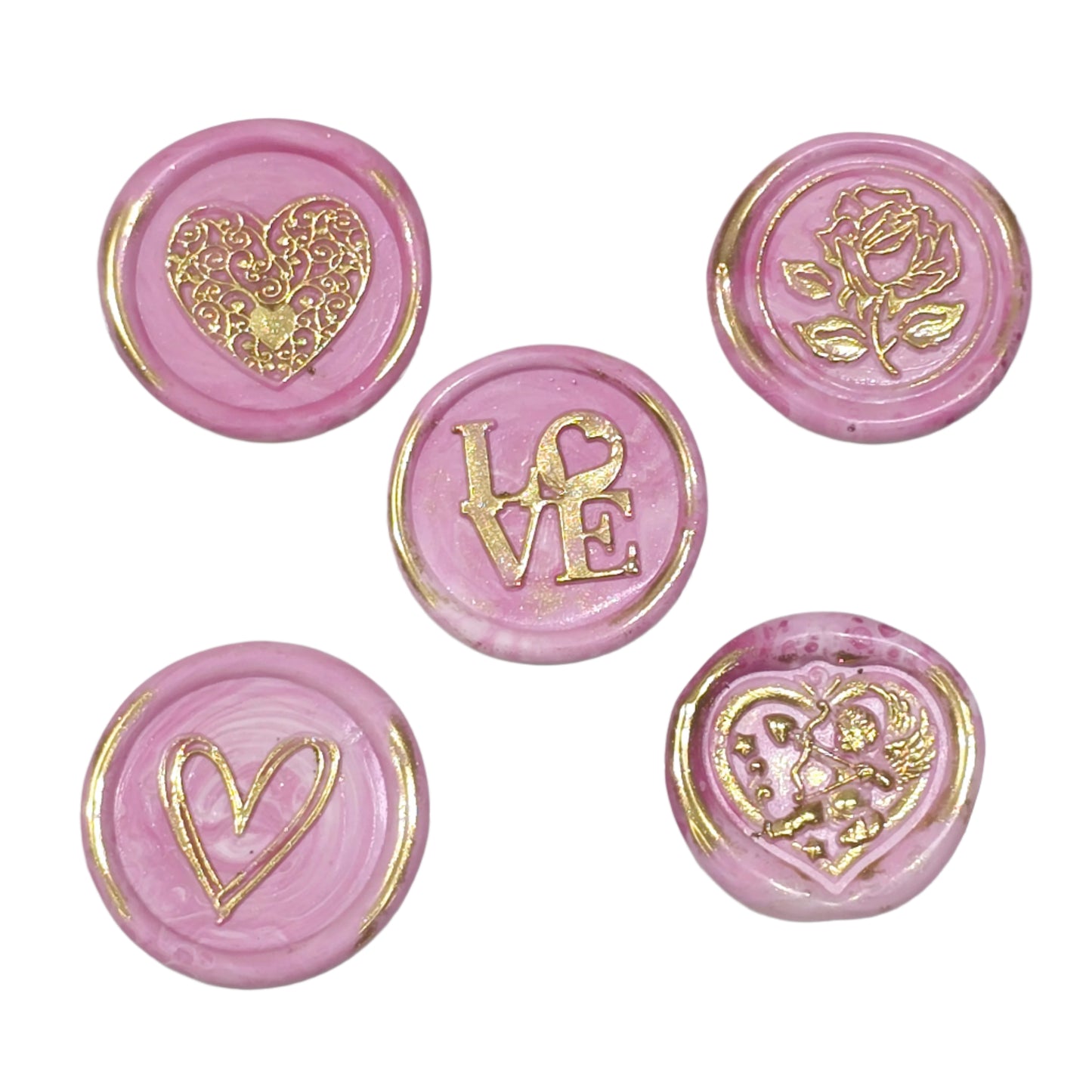Wax Seals Pink & Gold Assorted Styles Set of Five - Handmade Adhesive Seals for Cards, Gifts & More with Hearts, Rose & Love Design