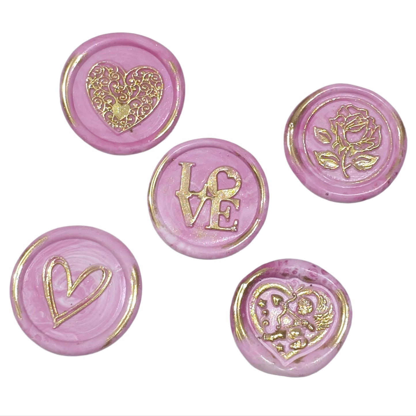Wax Seals Pink & Gold Assorted Styles Set of Five - Handmade Adhesive Seals for Cards, Gifts & More with Hearts, Rose & Love Design