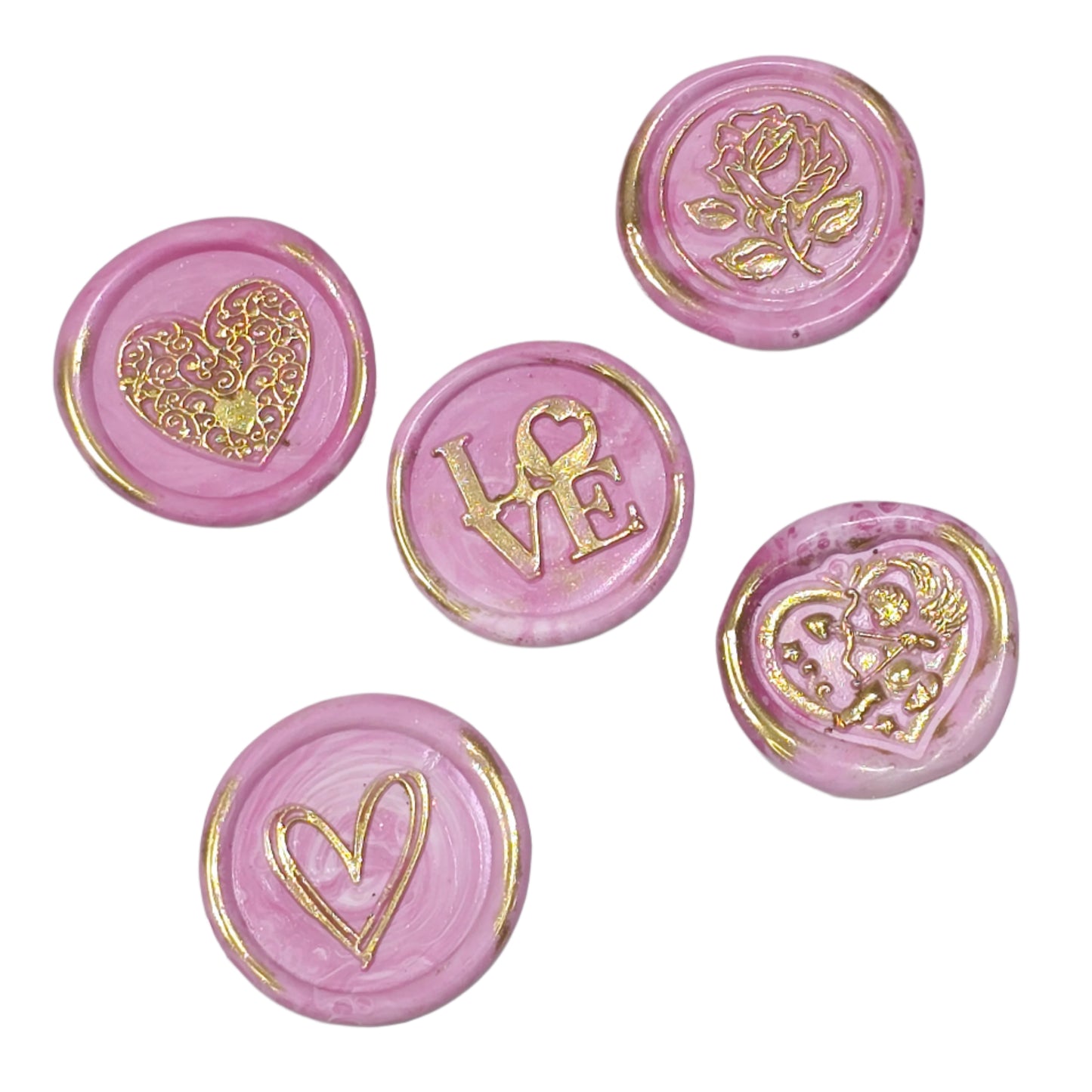 Wax Seals Pink & Gold Assorted Styles Set of Five - Handmade Adhesive Seals for Cards, Gifts & More with Hearts, Rose & Love Design