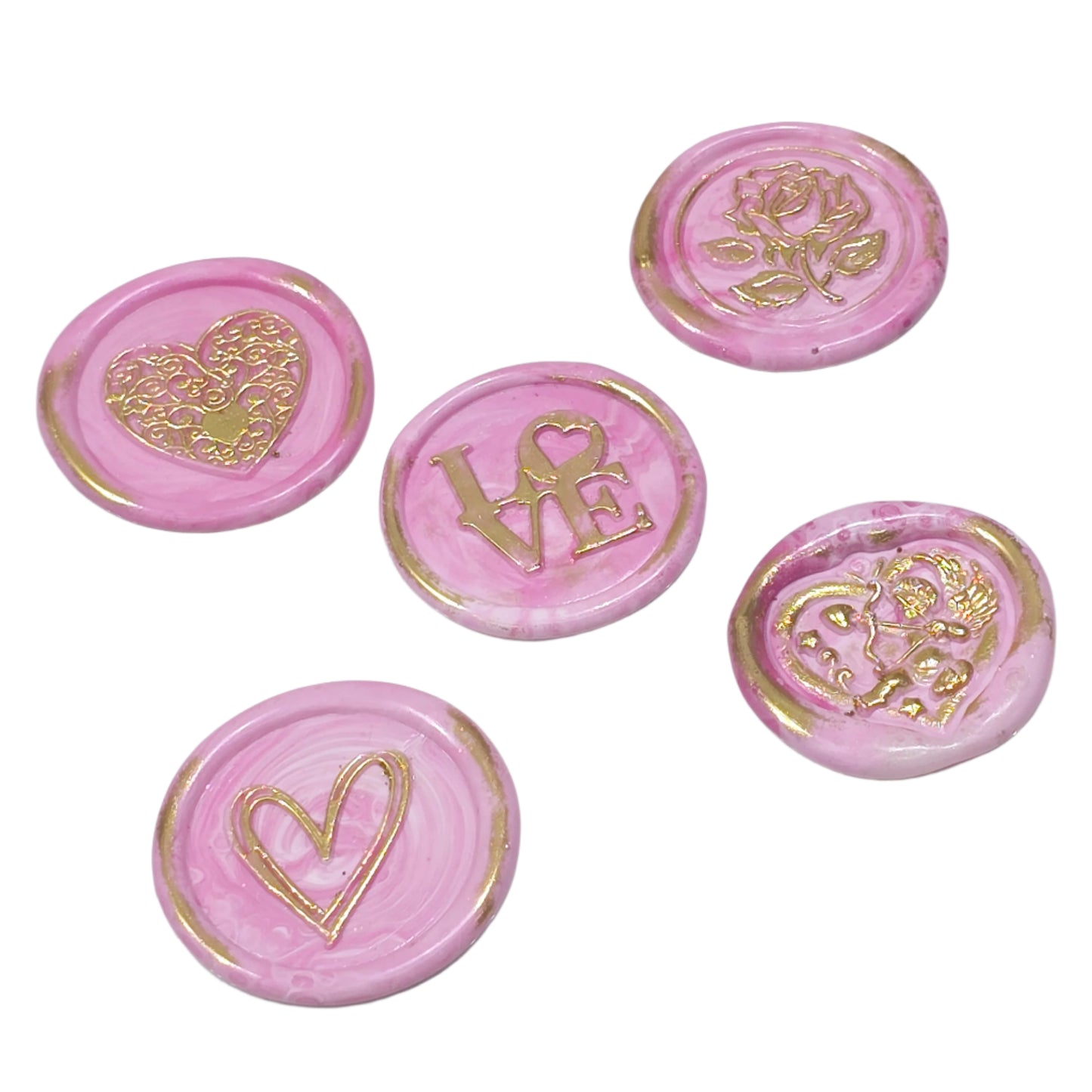 Wax Seals Pink & Gold Assorted Styles Set of Five - Handmade Adhesive Seals for Cards, Gifts & More with Hearts, Rose & Love Design
