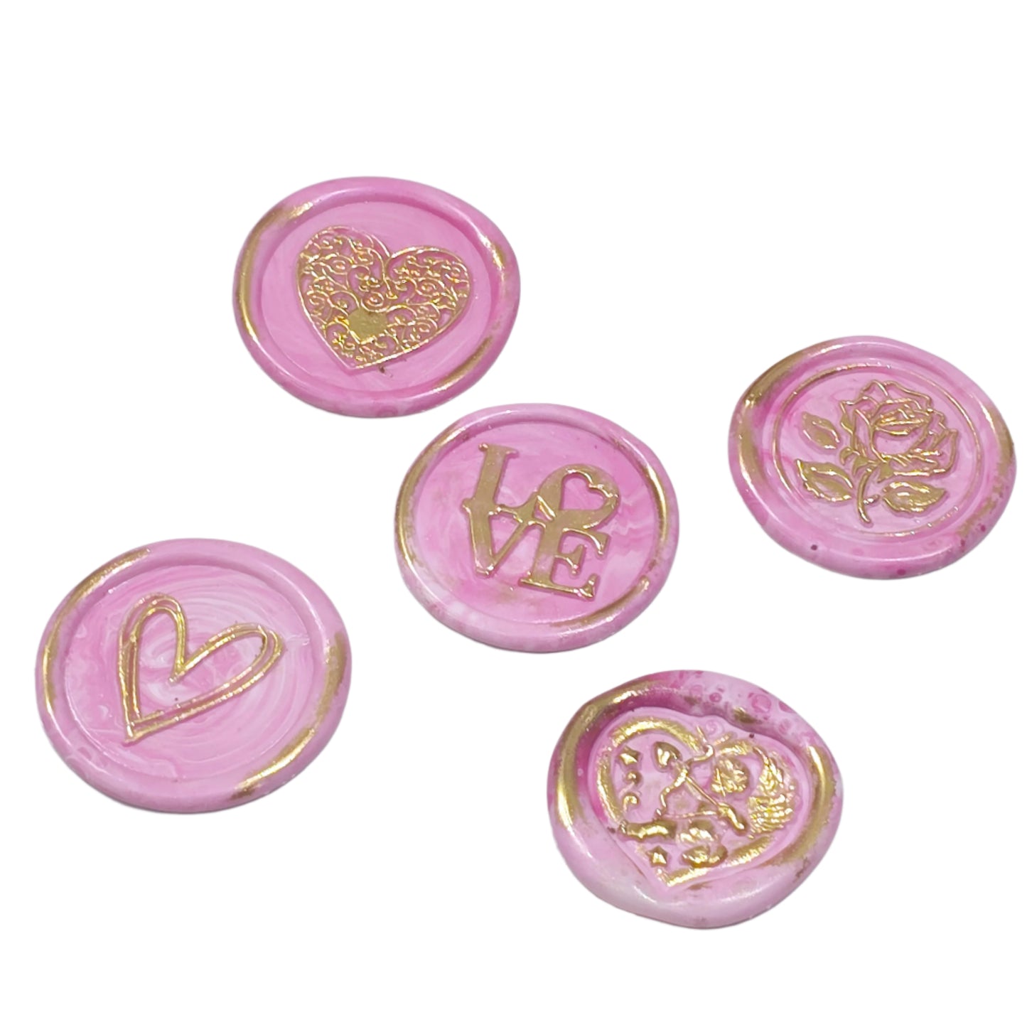 Wax Seals Pink & Gold Assorted Styles Set of Five - Handmade Adhesive Seals for Cards, Gifts & More with Hearts, Rose & Love Design
