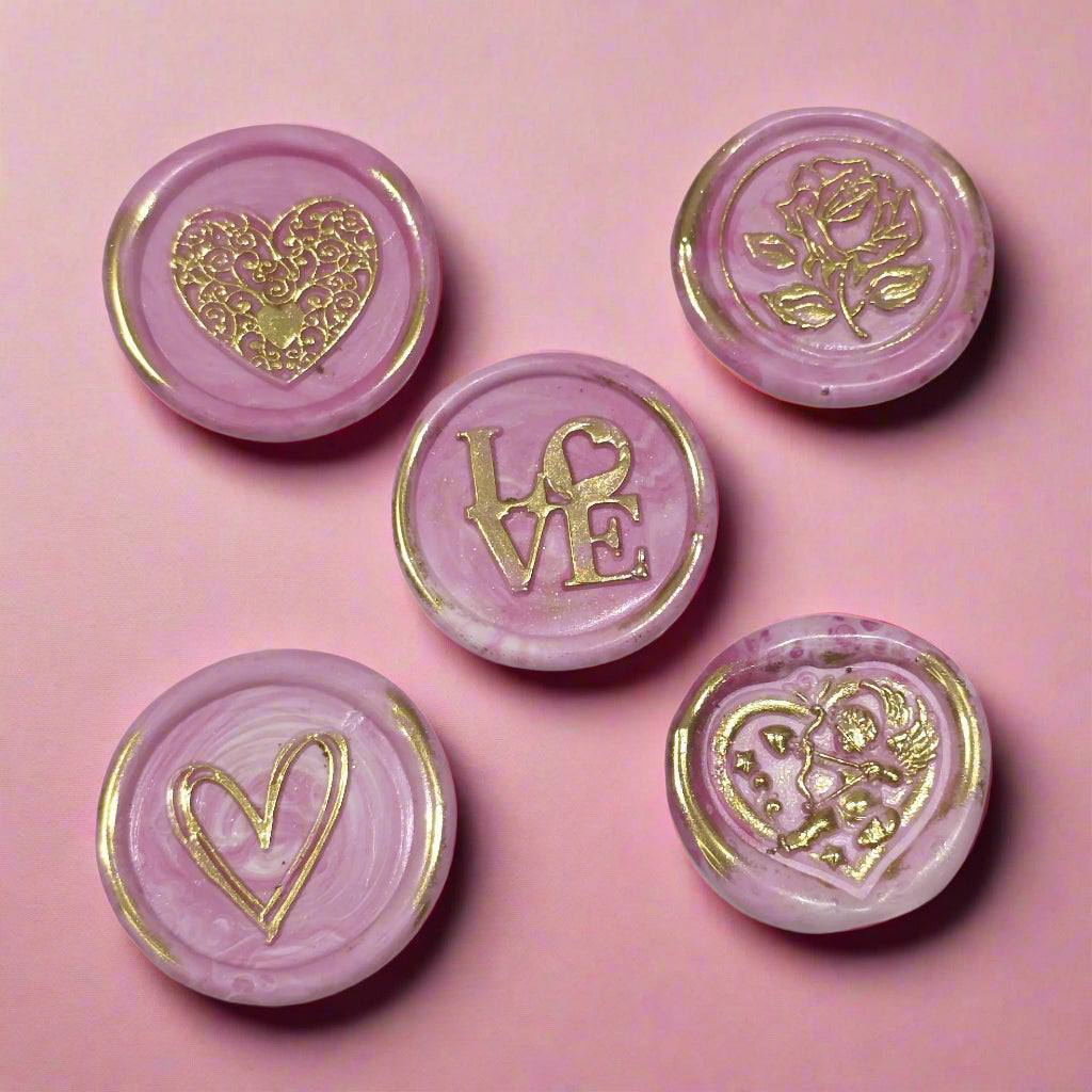 Wax Seals Pink & Gold Assorted Styles Set of Five - Handmade Adhesive Seals for Cards, Gifts & More with Hearts, Rose & Love Design