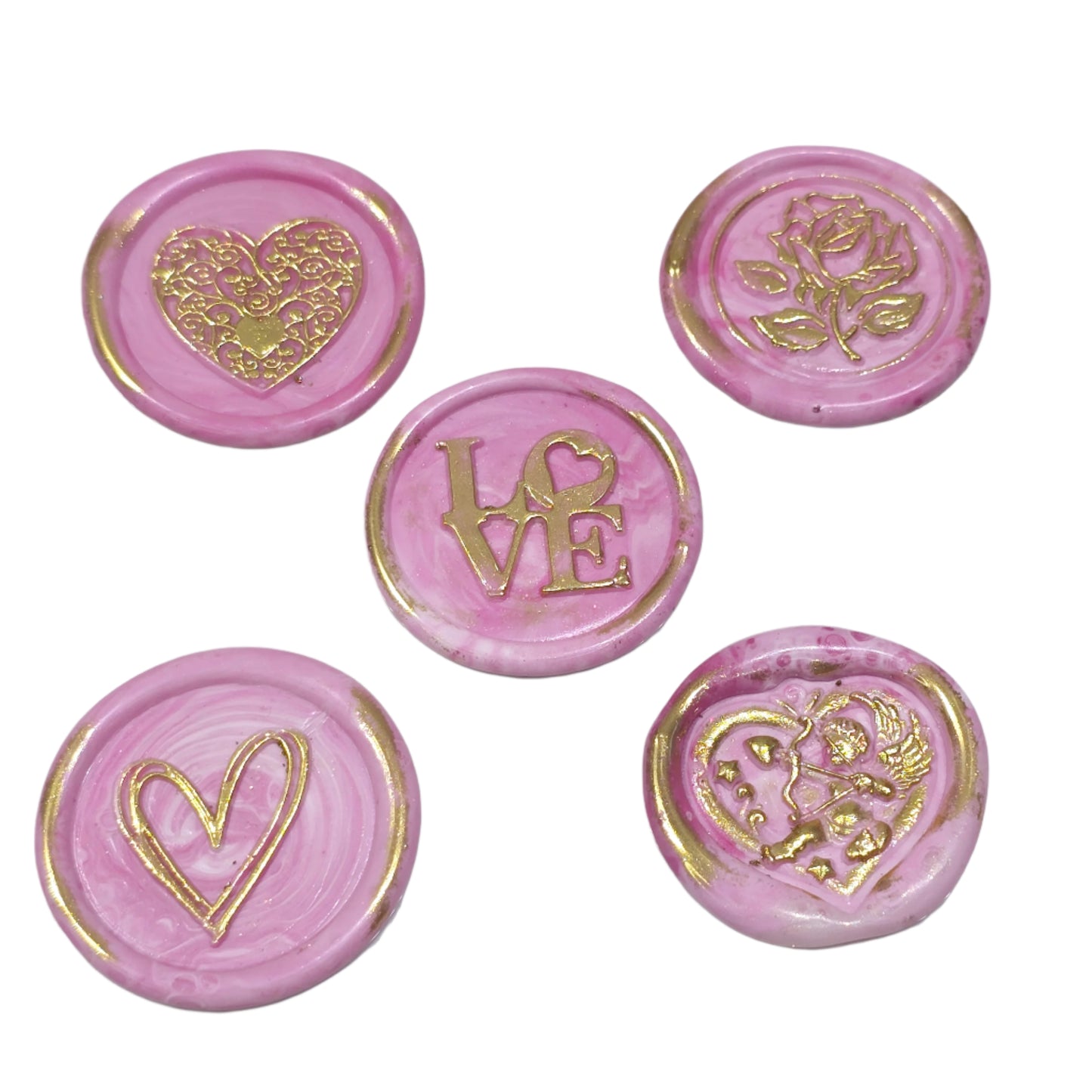 Wax Seals Pink & Gold Assorted Styles Set of Five - Handmade Adhesive Seals for Cards, Gifts & More with Hearts, Rose & Love Design