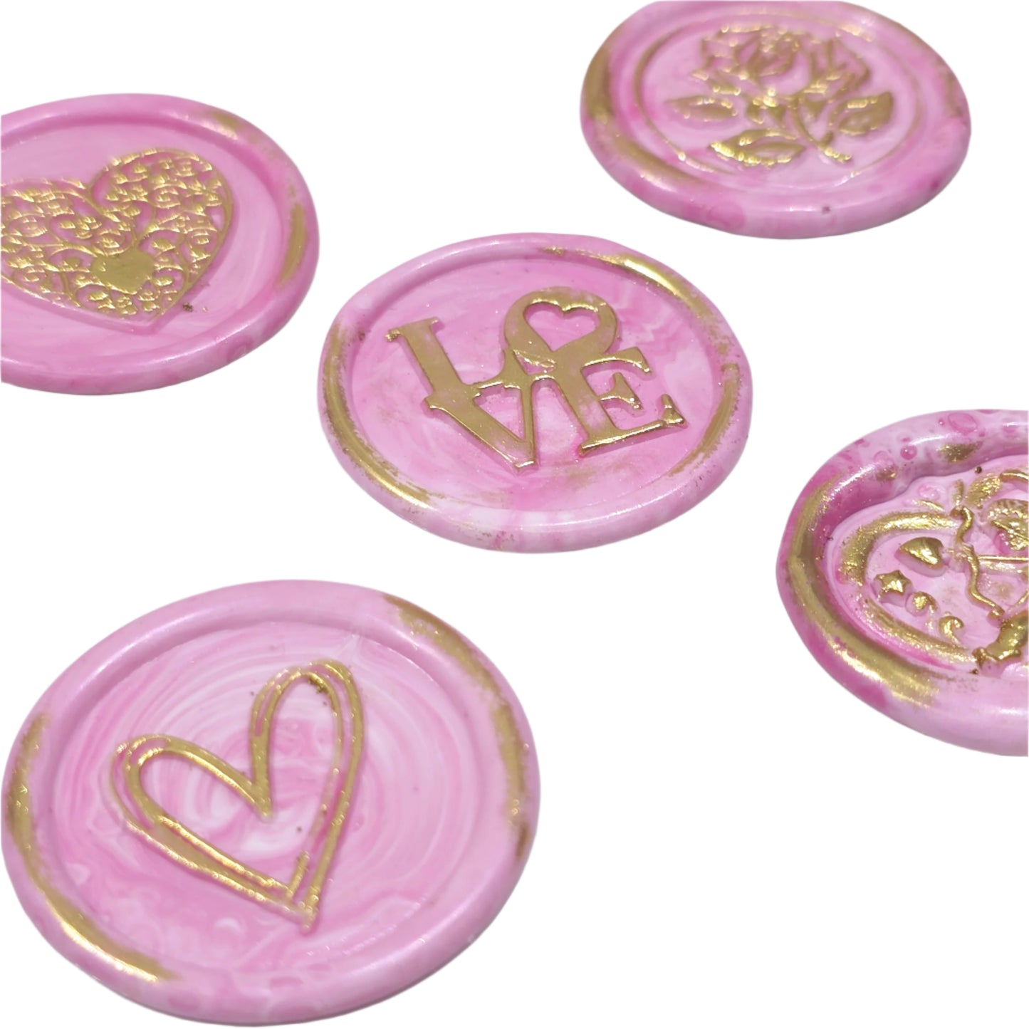 Wax Seals Pink & Gold Assorted Styles Set of Five - Handmade Adhesive Seals for Cards, Gifts & More with Hearts, Rose & Love Design