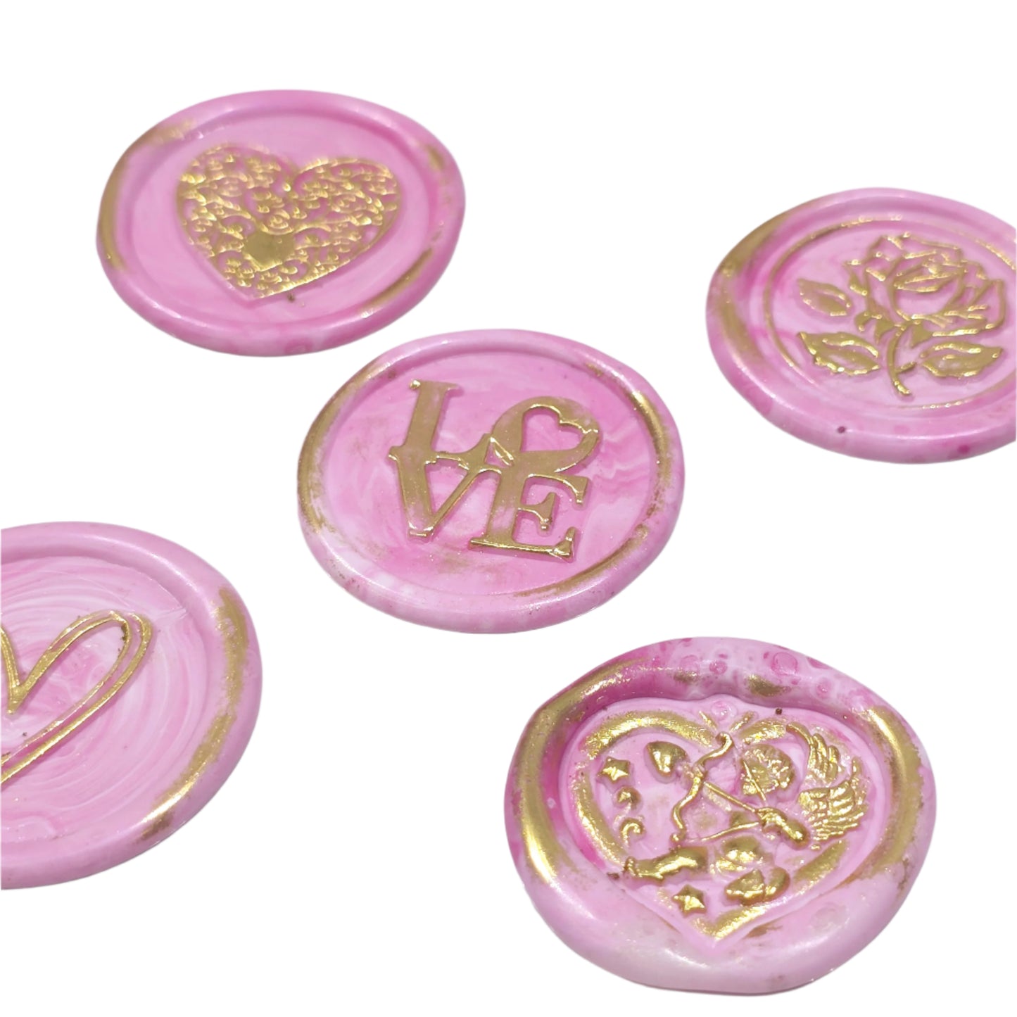 Wax Seals Pink & Gold Assorted Styles Set of Five - Handmade Adhesive Seals for Cards, Gifts & More with Hearts, Rose & Love Design