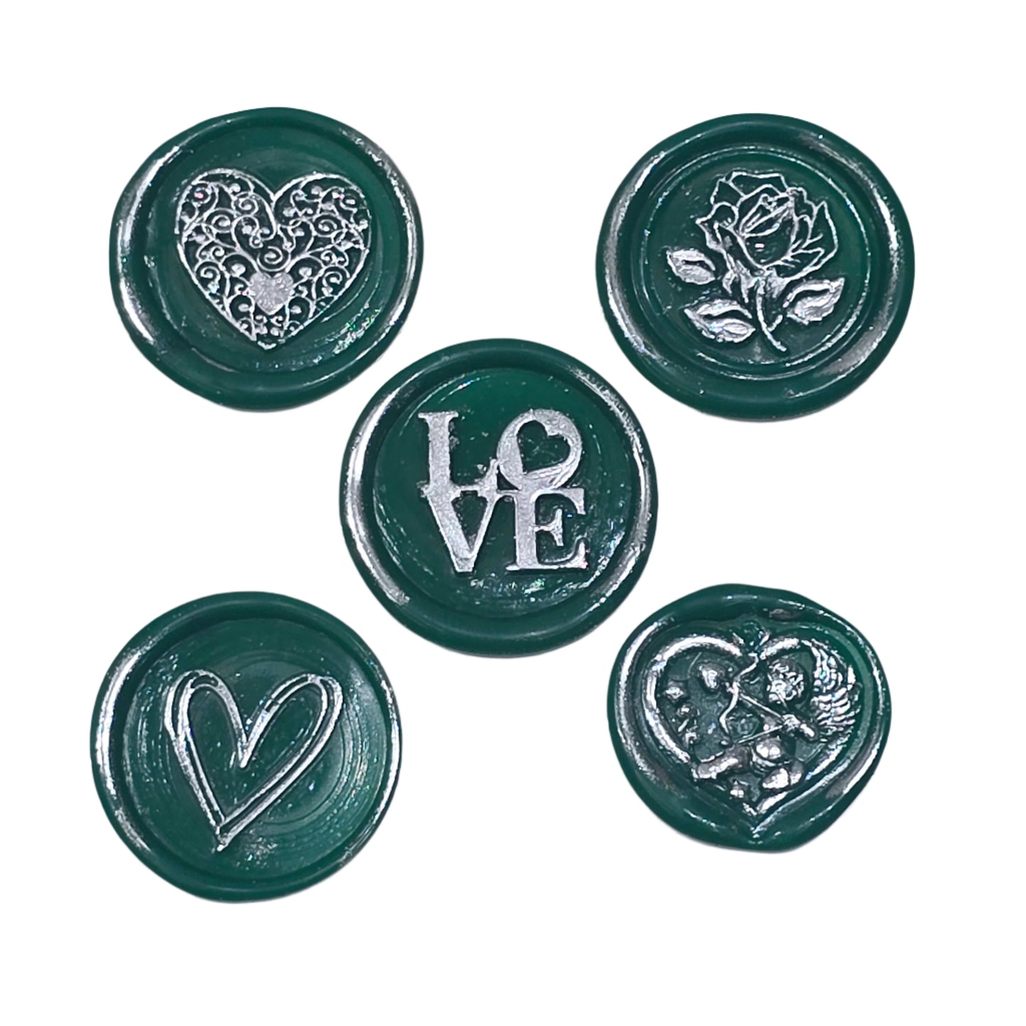 Romantic Wax Seals Green & Silver Assorted Styles Set of Five - Handmade Adhesive Seals for Cards, Gifts & More with Hearts, Rose & Love Design