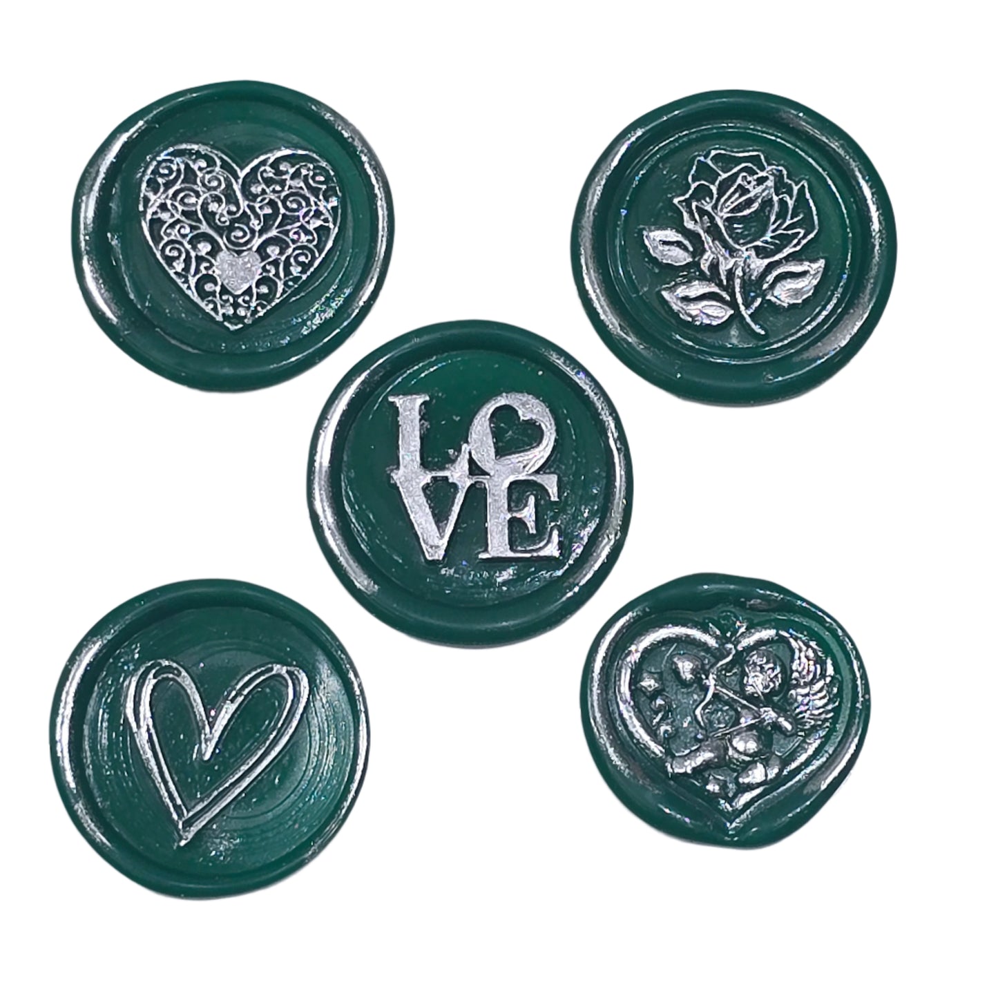 Romantic Wax Seals Green & Silver Assorted Styles Set of Five - Handmade Adhesive Seals for Cards, Gifts & More with Hearts, Rose & Love Design