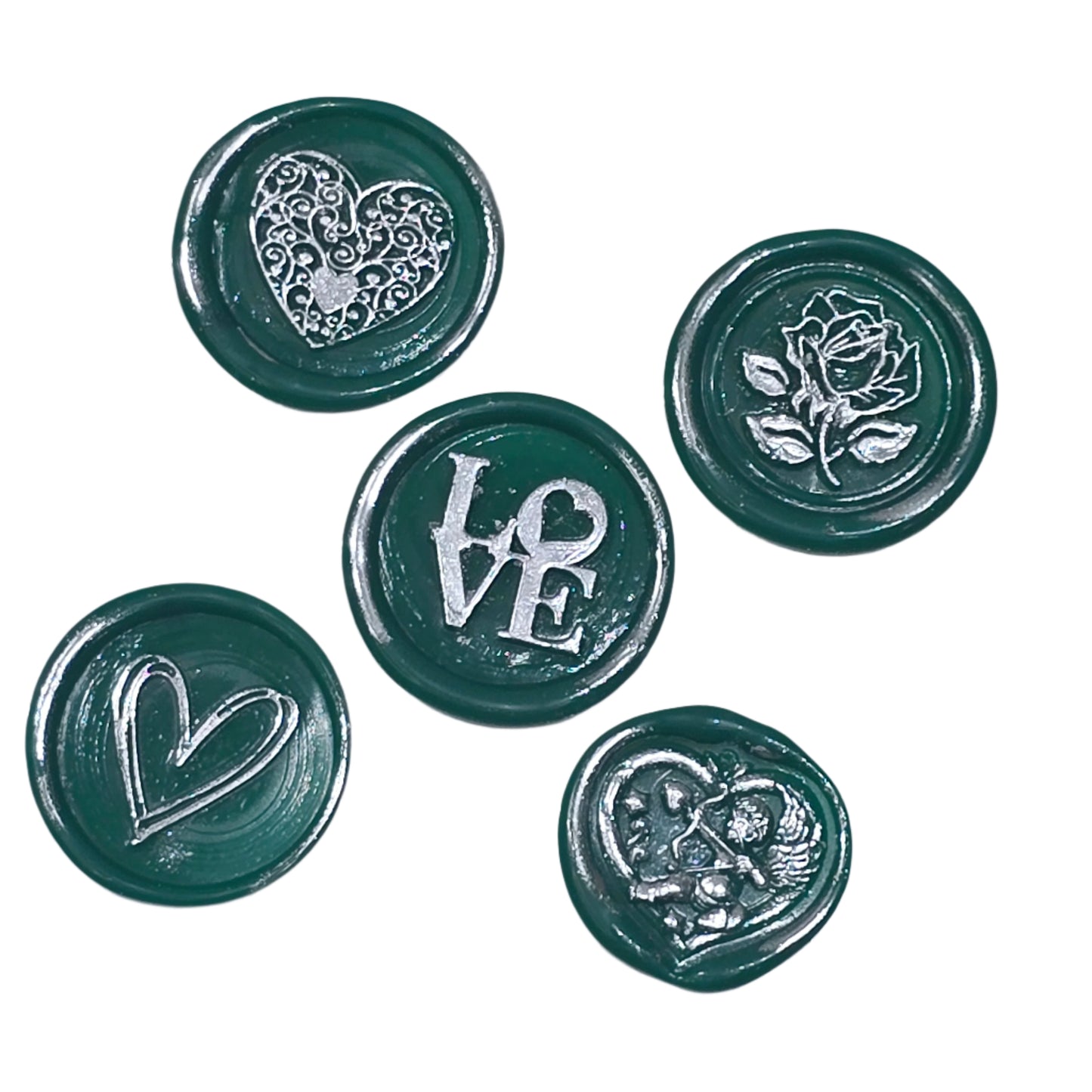 Romantic Wax Seals Green & Silver Assorted Styles Set of Five - Handmade Adhesive Seals for Cards, Gifts & More with Hearts, Rose & Love Design