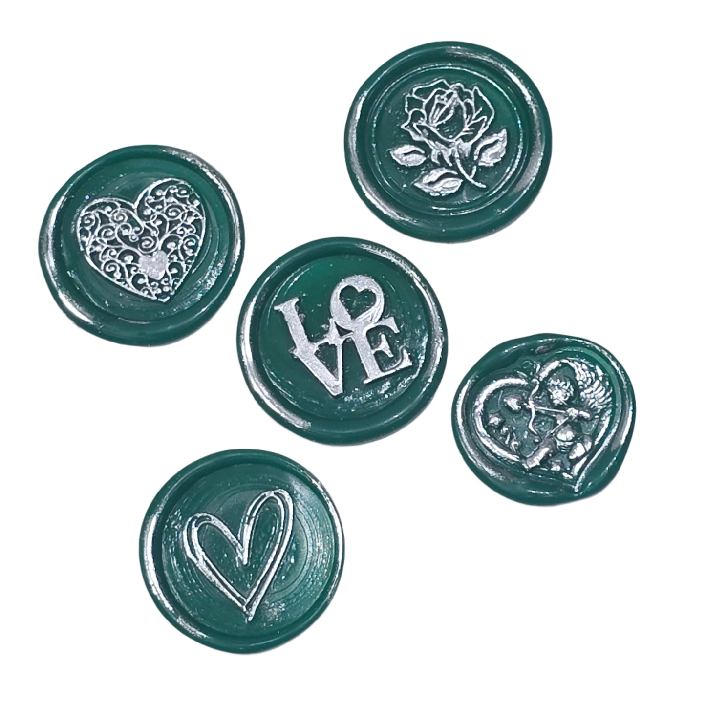 Romantic Wax Seals Green & Silver Assorted Styles Set of Five - Handmade Adhesive Seals for Cards, Gifts & More with Hearts, Rose & Love Design