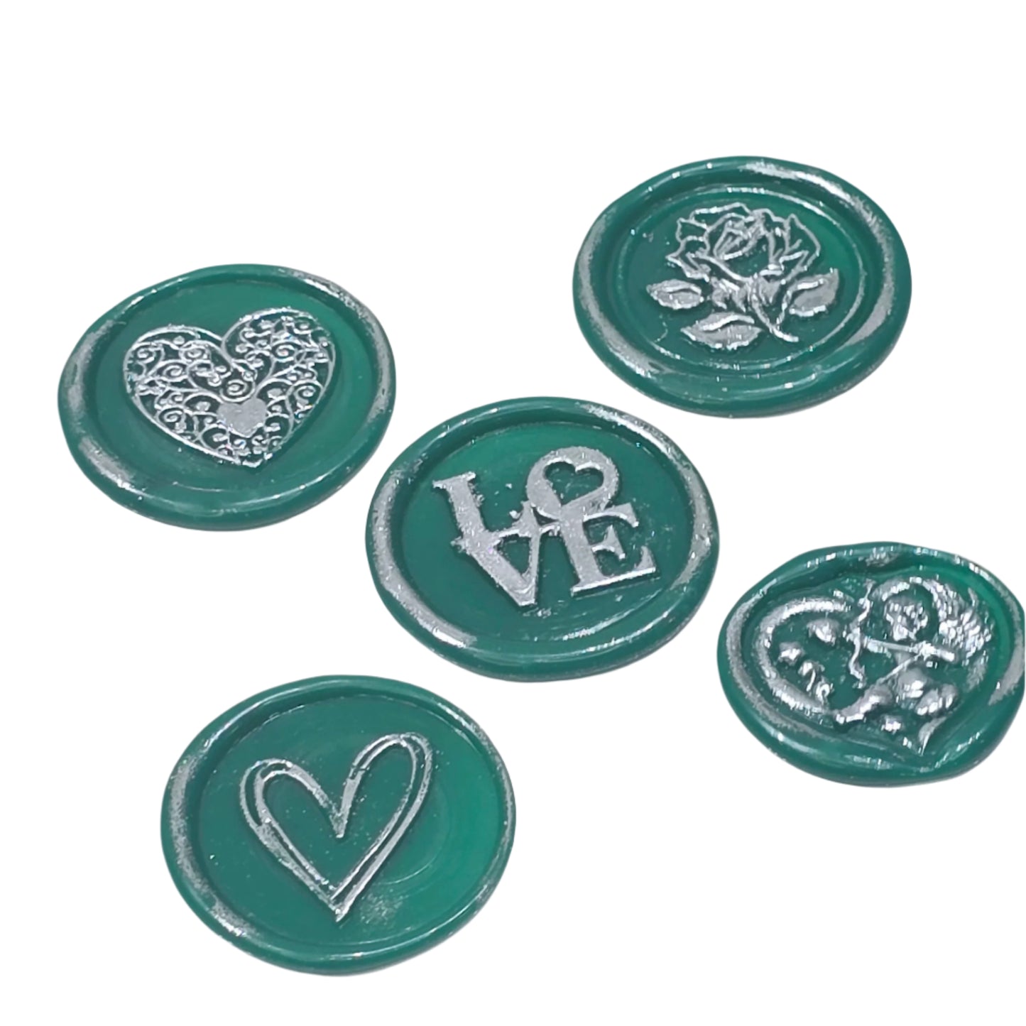 Romantic Wax Seals Green & Silver Assorted Styles Set of Five - Handmade Adhesive Seals for Cards, Gifts & More with Hearts, Rose & Love Design