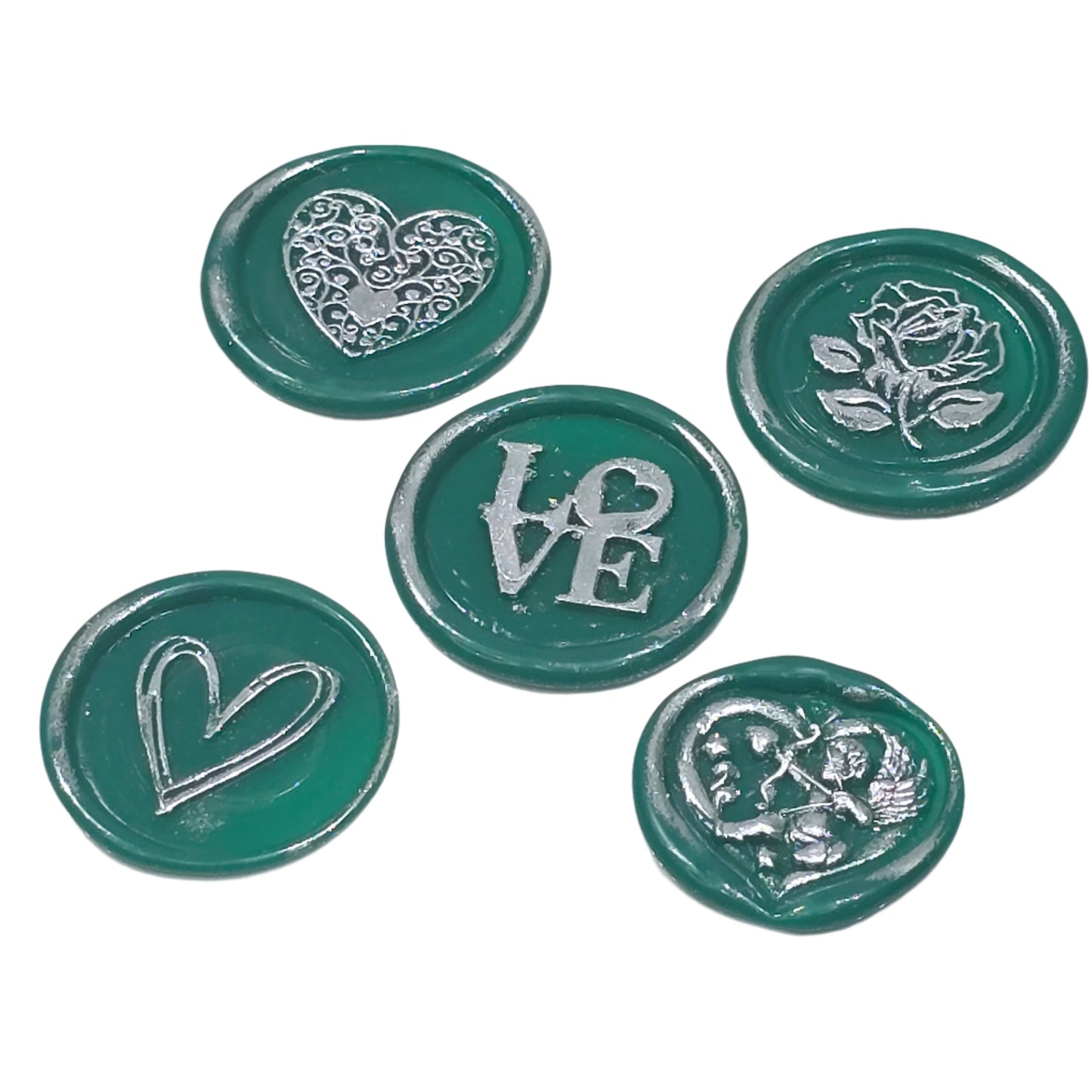 Romantic Wax Seals Green & Silver Assorted Styles Set of Five - Handmade Adhesive Seals for Cards, Gifts & More with Hearts, Rose & Love Design