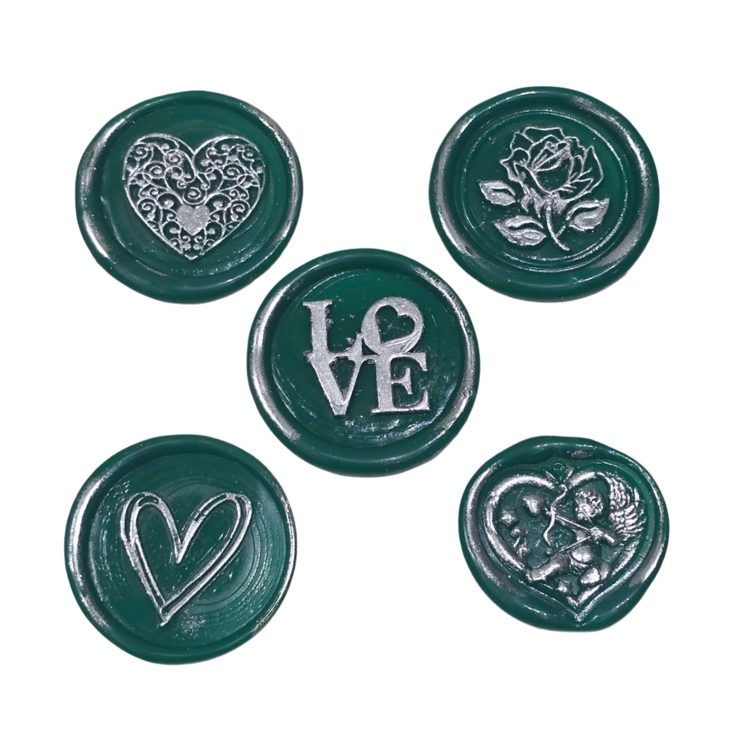 Romantic Wax Seals Green & Silver Assorted Styles Set of Five - Handmade Adhesive Seals for Cards, Gifts & More with Hearts, Rose & Love Design
