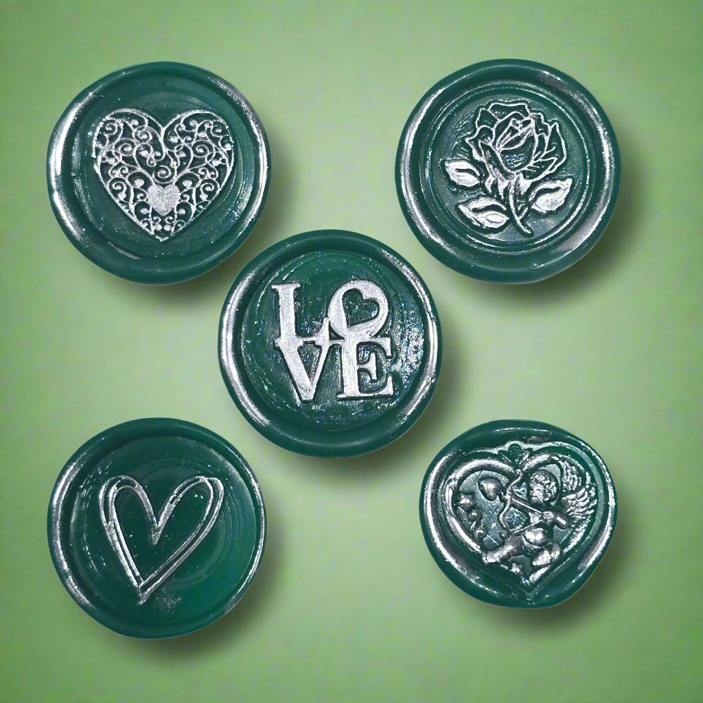 Romantic Wax Seals Green & Silver Assorted Styles Set of Five - Handmade Adhesive Seals for Cards, Gifts & More with Hearts, Rose & Love Design