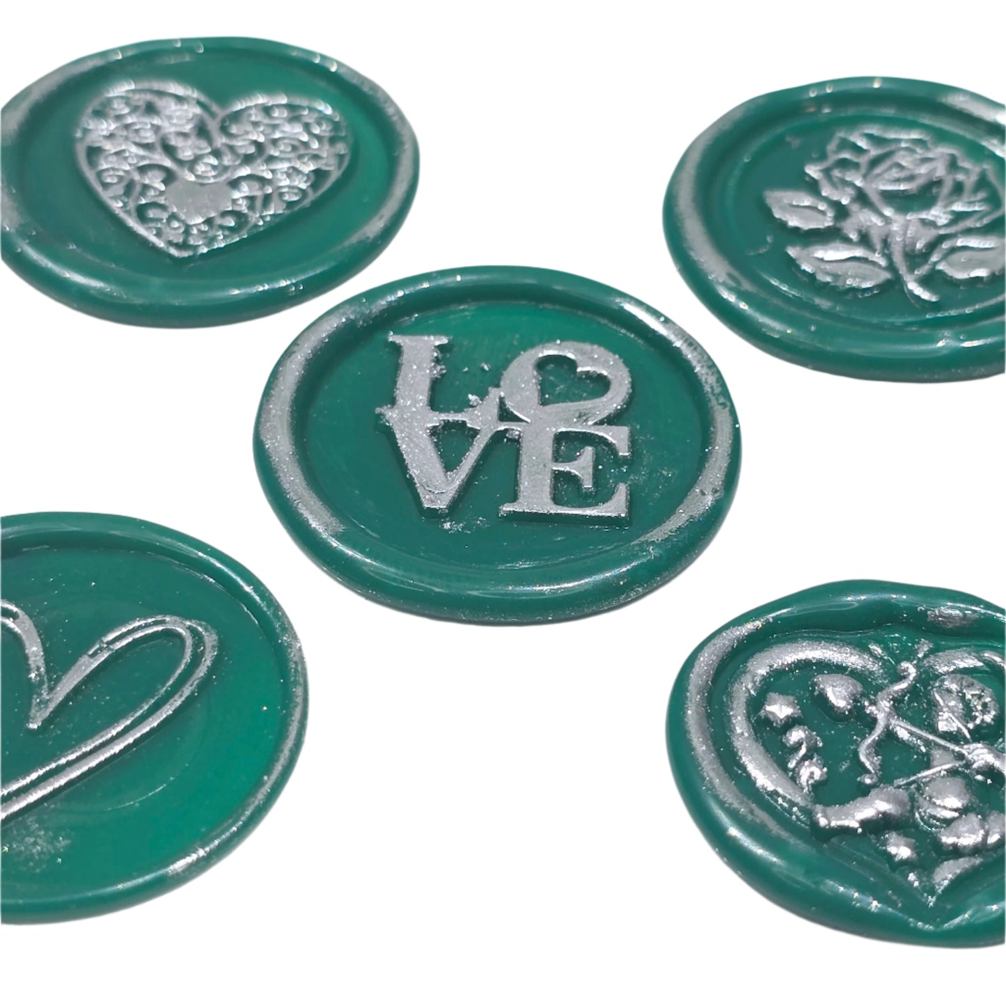 Romantic Wax Seals Green & Silver Assorted Styles Set of Five - Handmade Adhesive Seals for Cards, Gifts & More with Hearts, Rose & Love Design