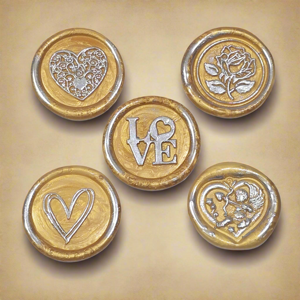 Wax Seals Gold Silver Assorted Styles Set of Five - Handmade Adhesive Seals for Cards, Gifts & More with Hearts, Rose & Love Design